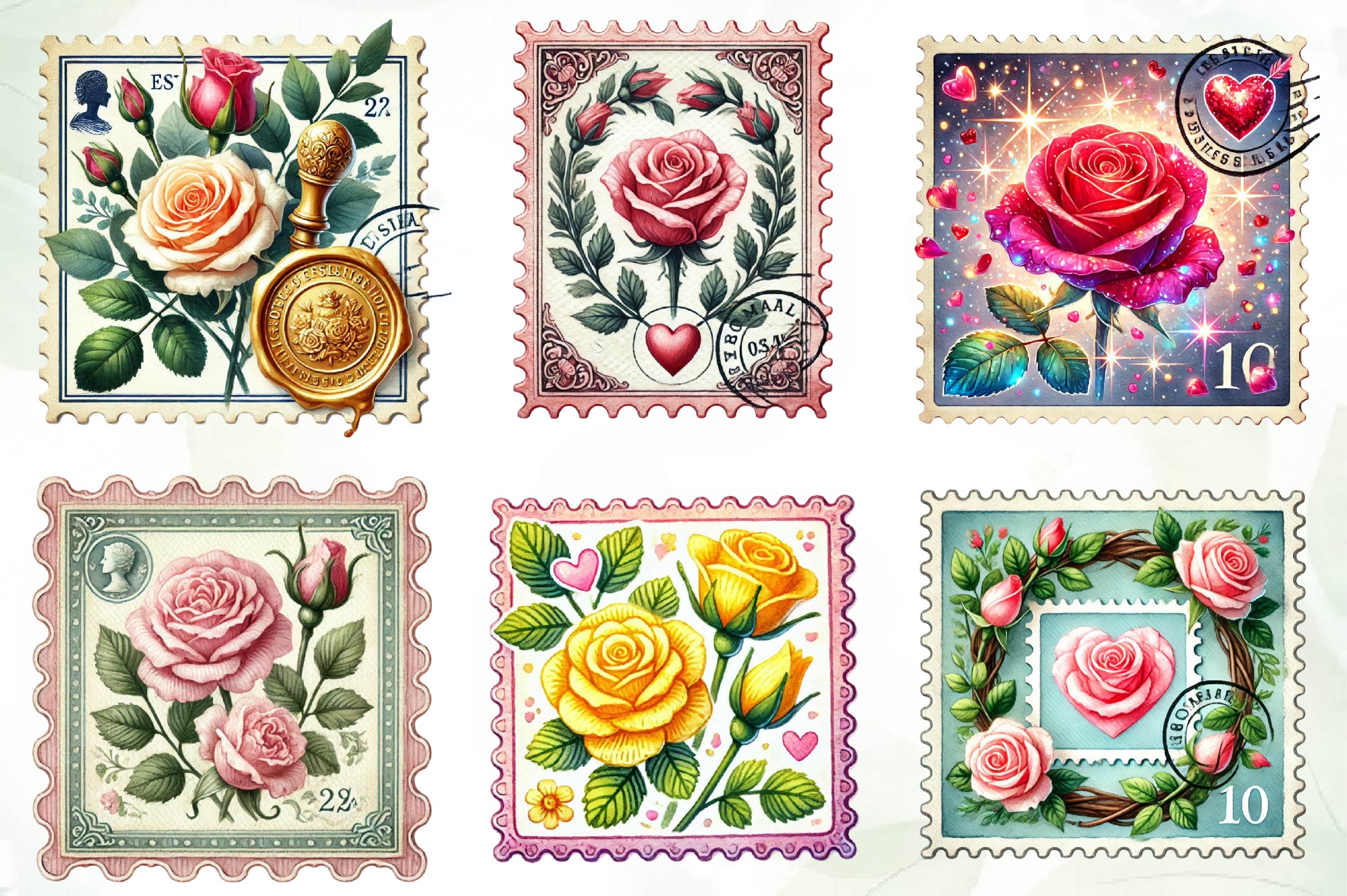 Valentine Rose Postage Stamp Clipart Bundle