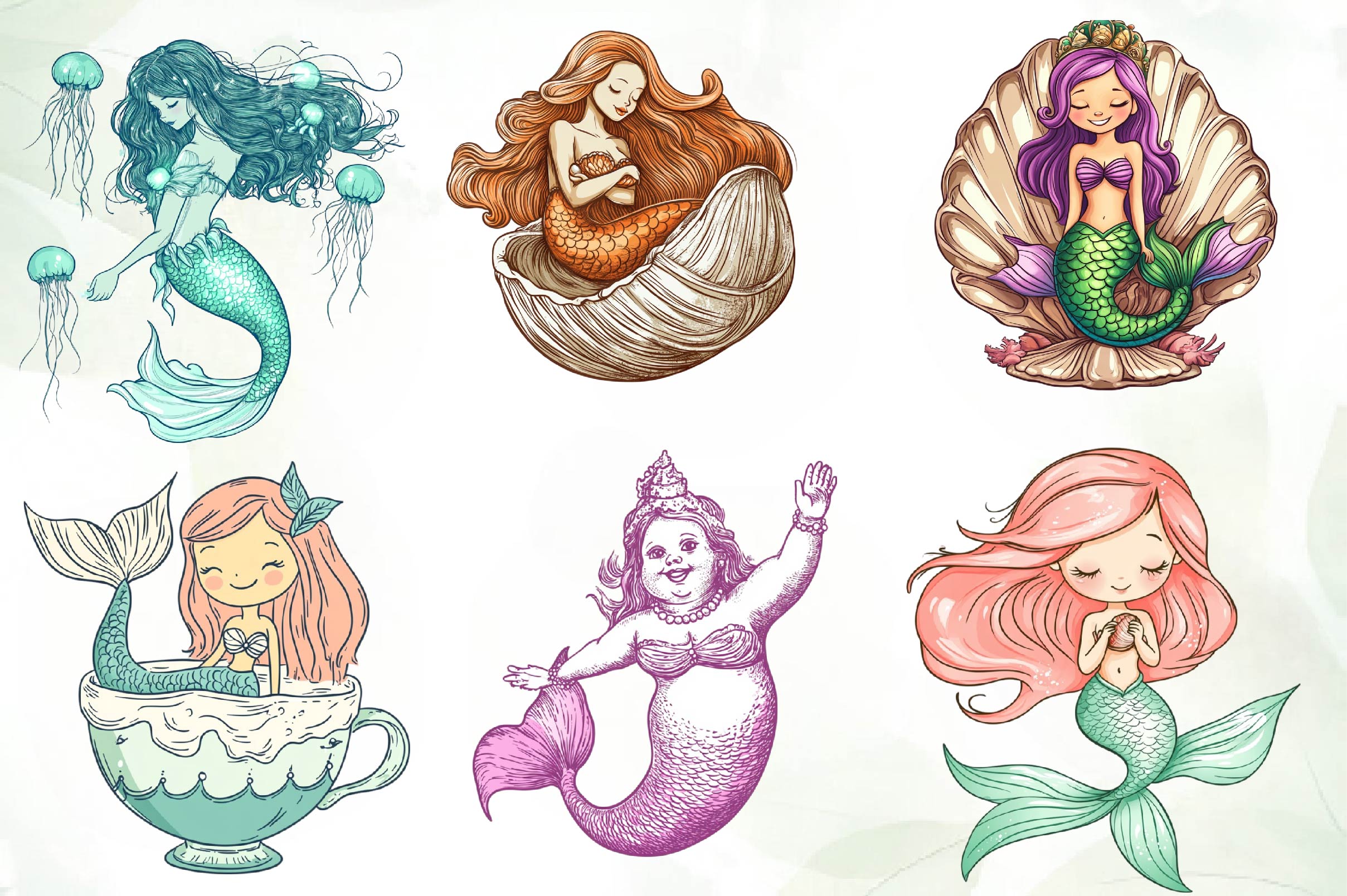 Cute Little Mermaid Clipart Bundle
