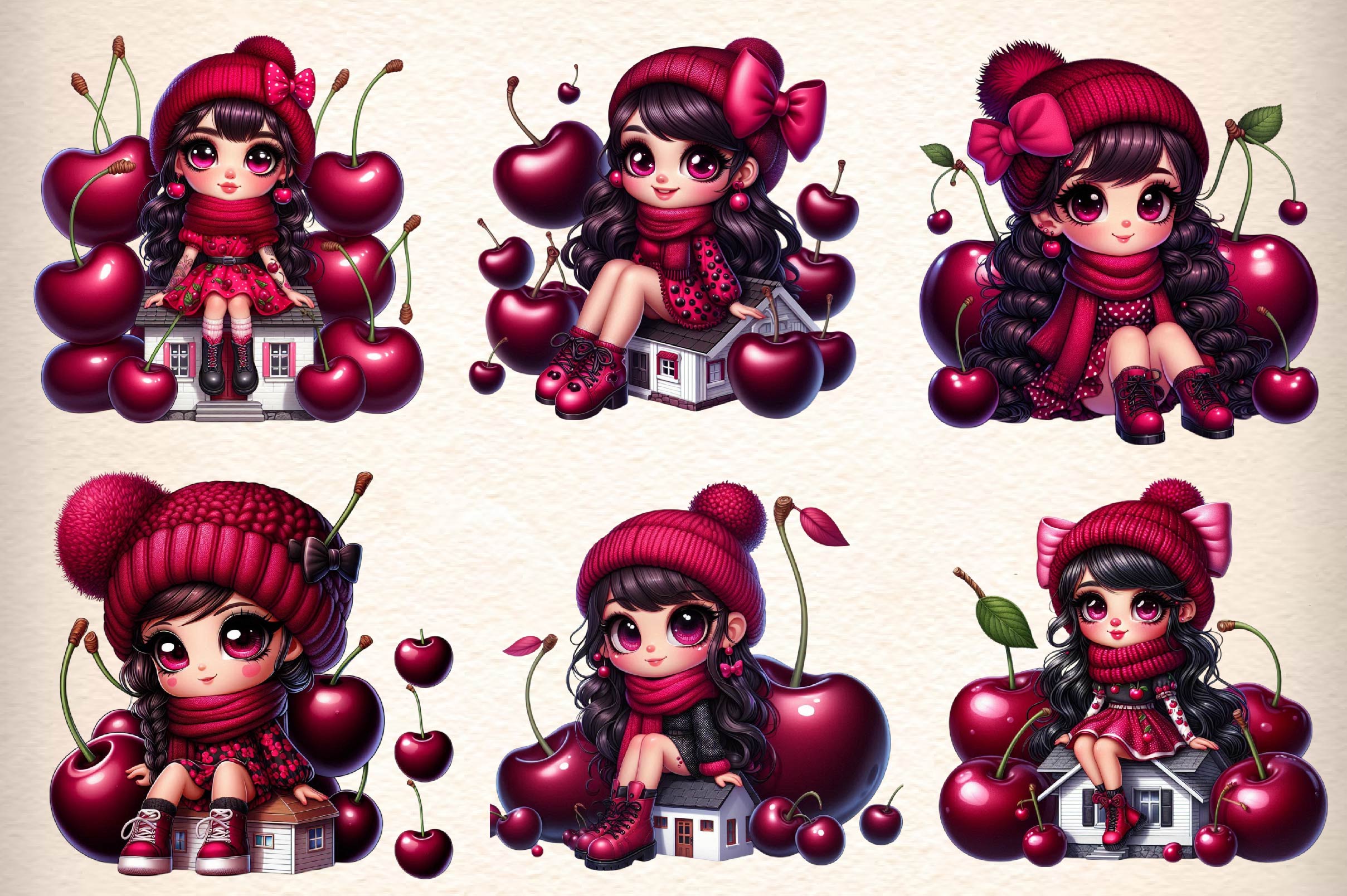 Cherry Cute Girl Clipart Bundle