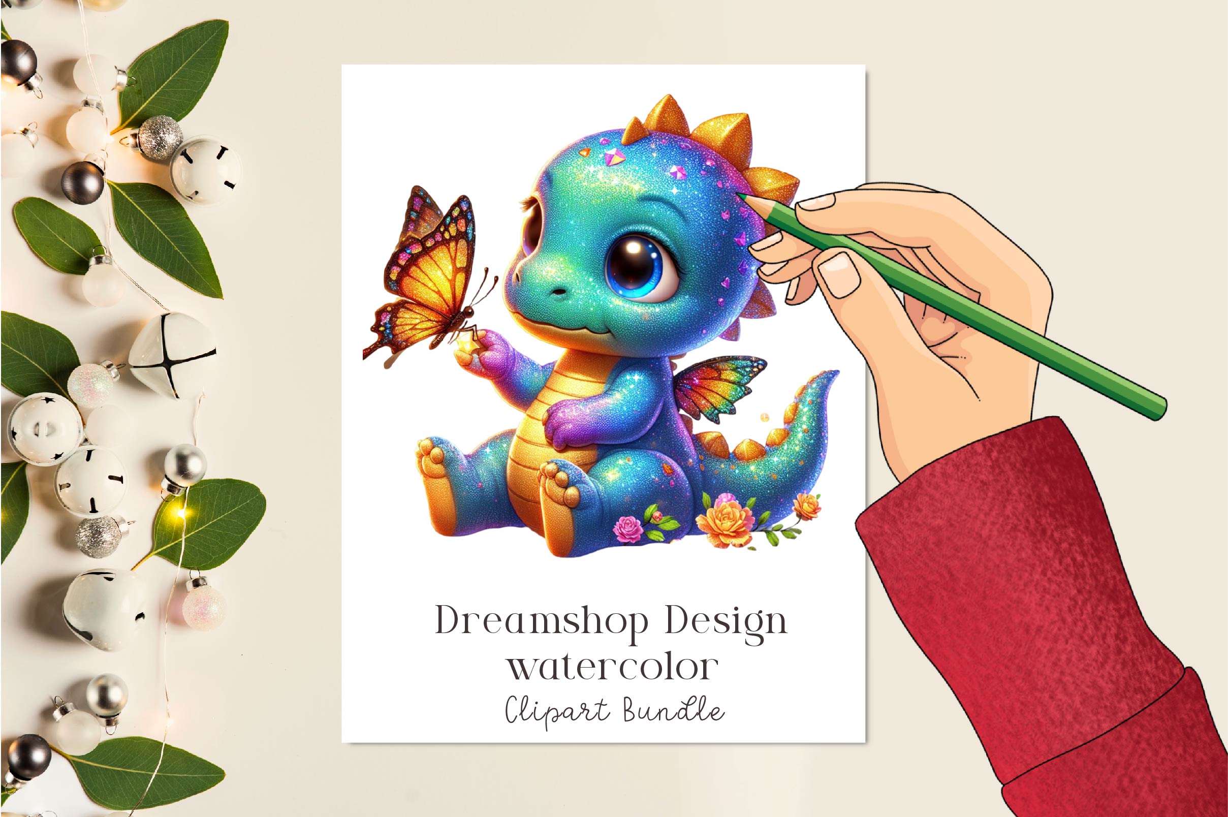 Cute Dinosaur With Butterfly Clipart Bundle
