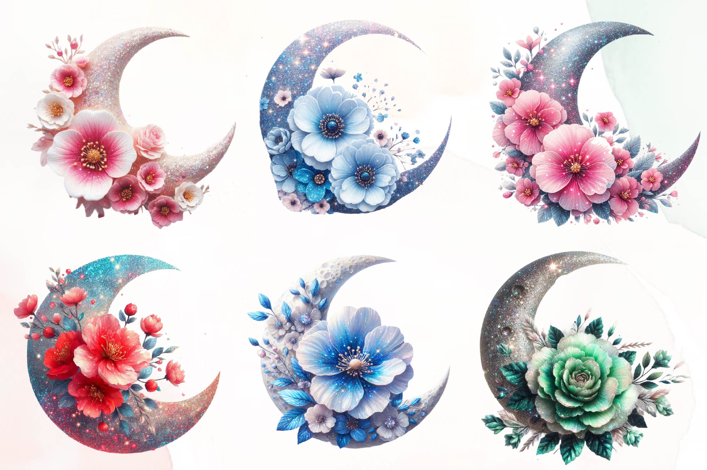 Crescent Moon Flower Clipart Bundle