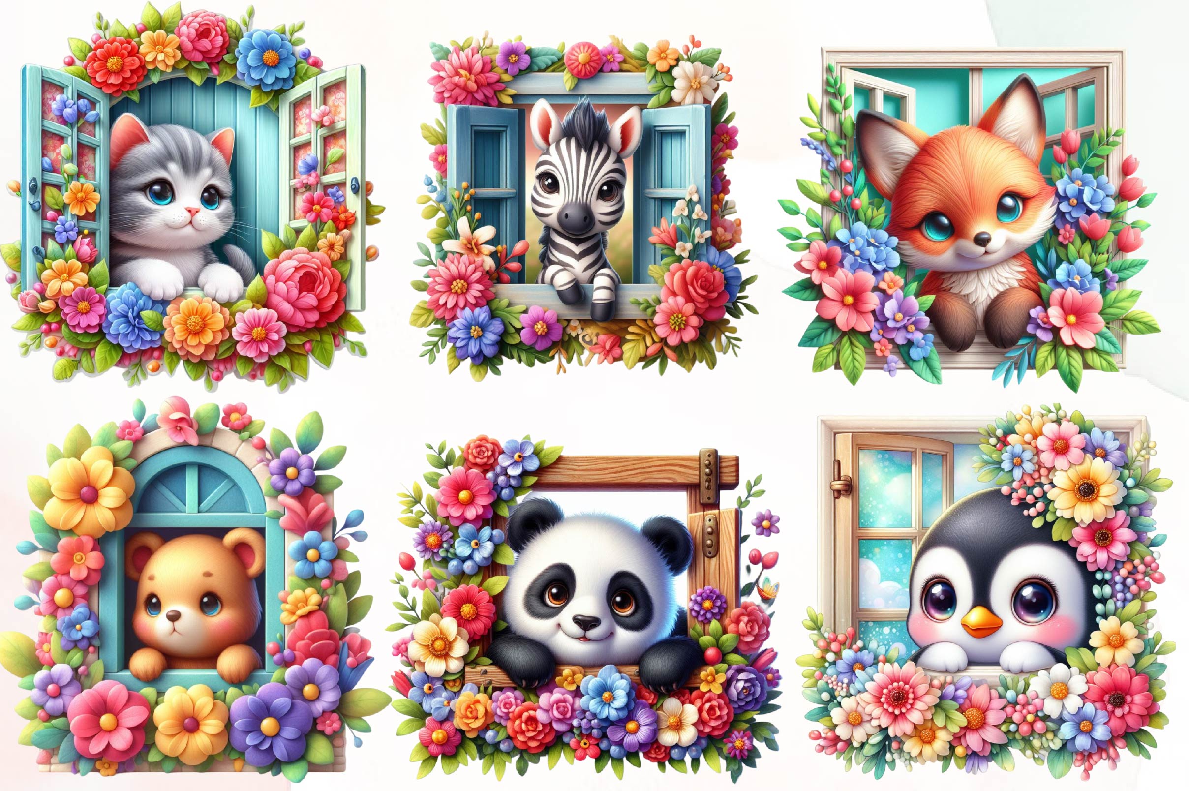 Cute Animals Peeking Window Clipart Bundle