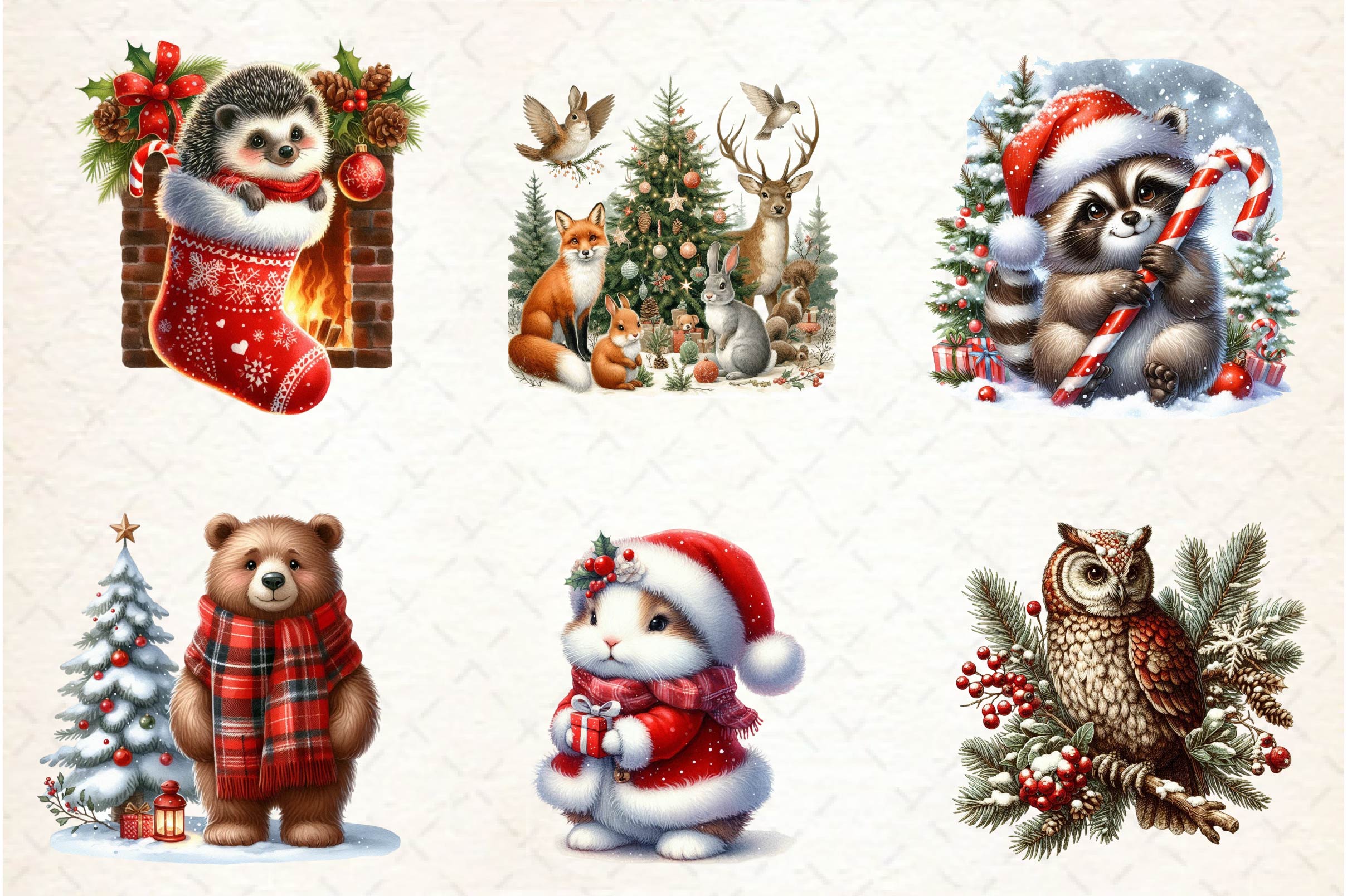 Vintage Christmas Animals Clipart Bundle