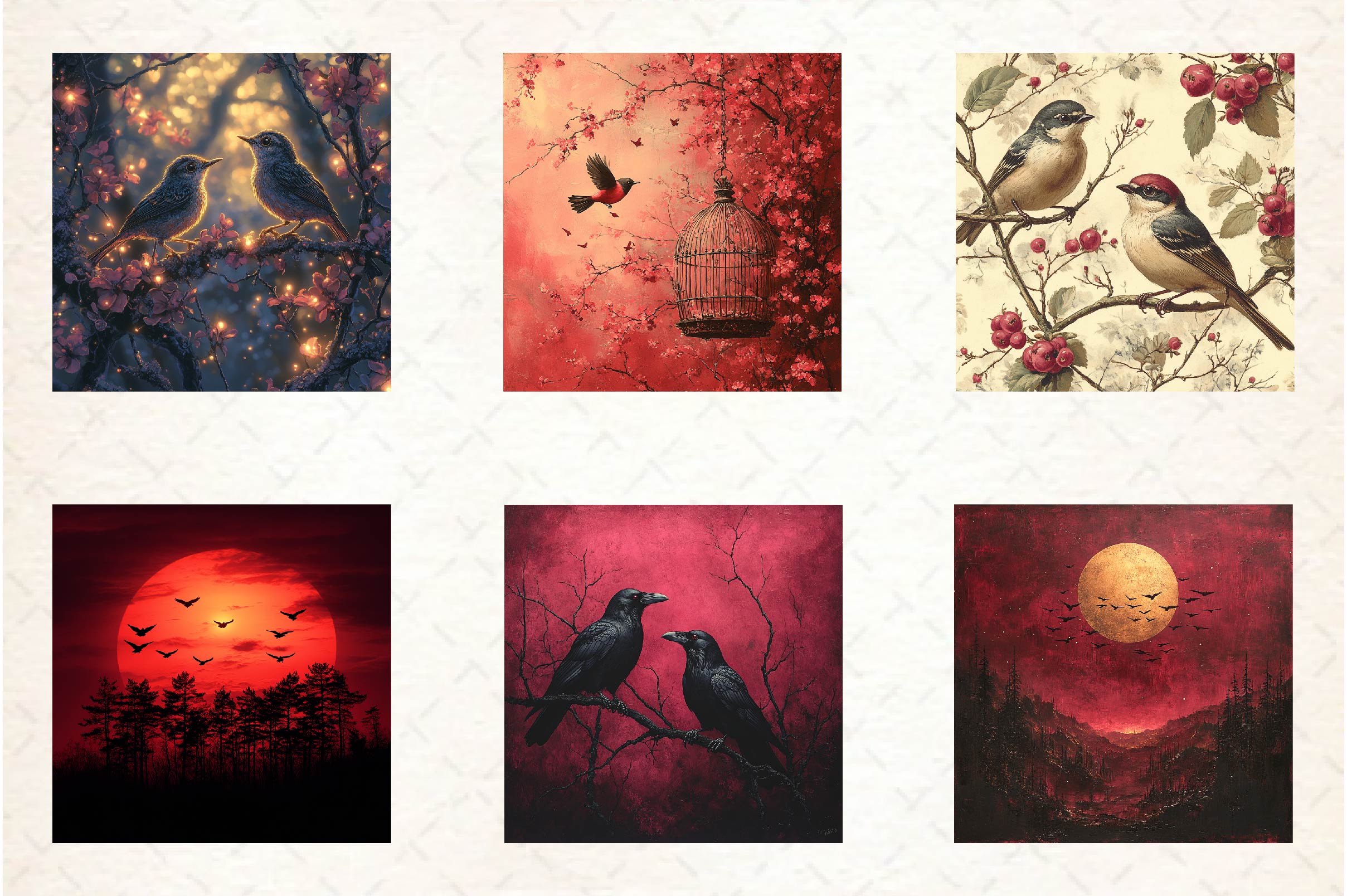 Burgundy Night Birds Background Bundle