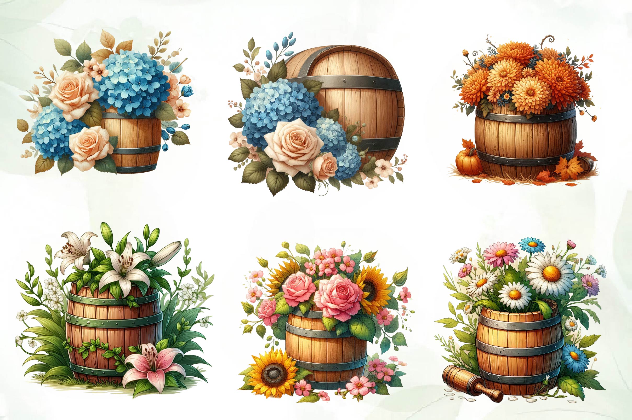 Floral Barrel Clipart Bundle