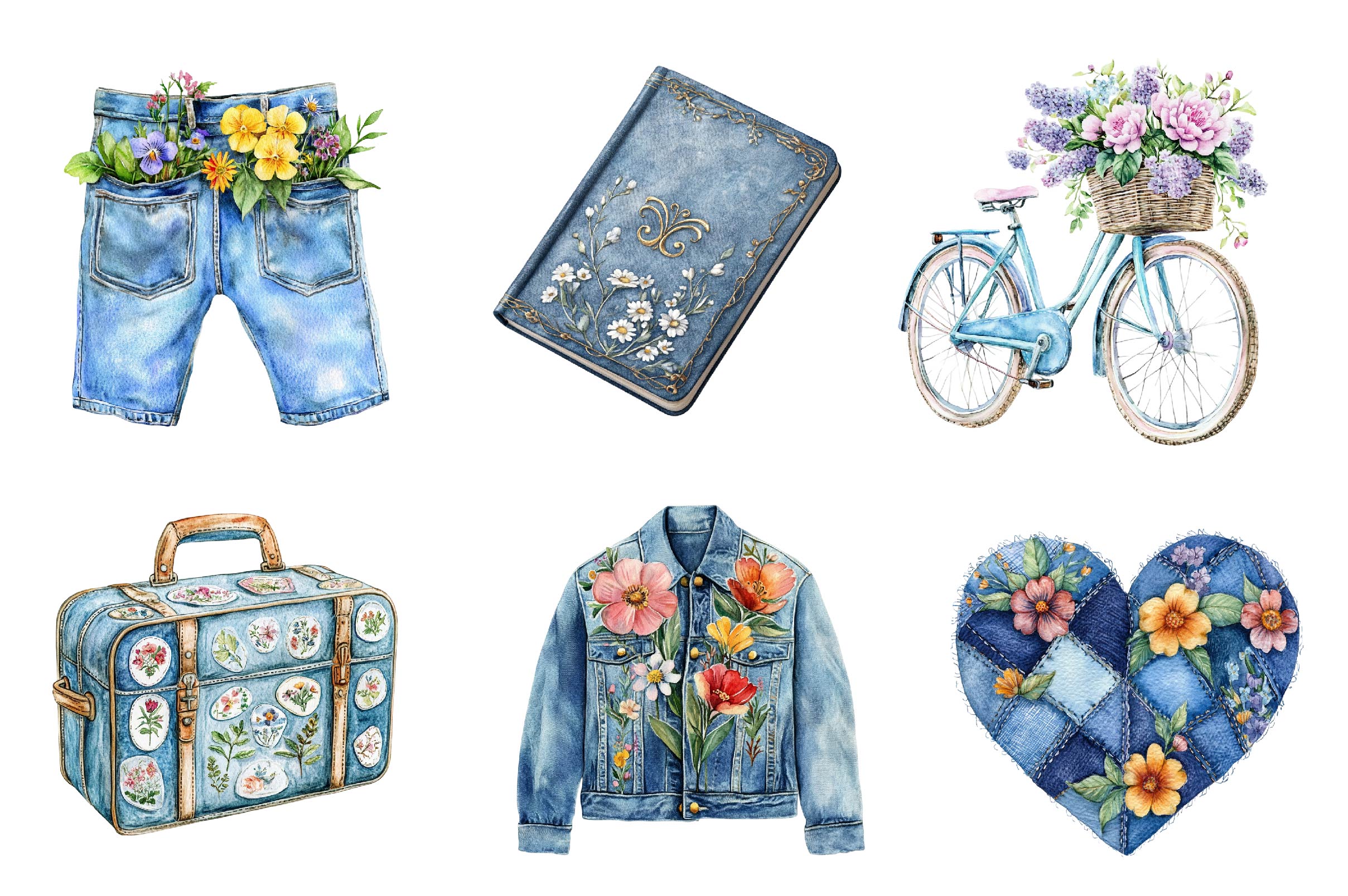 Vintage Denim Spring Clipart Bundle
