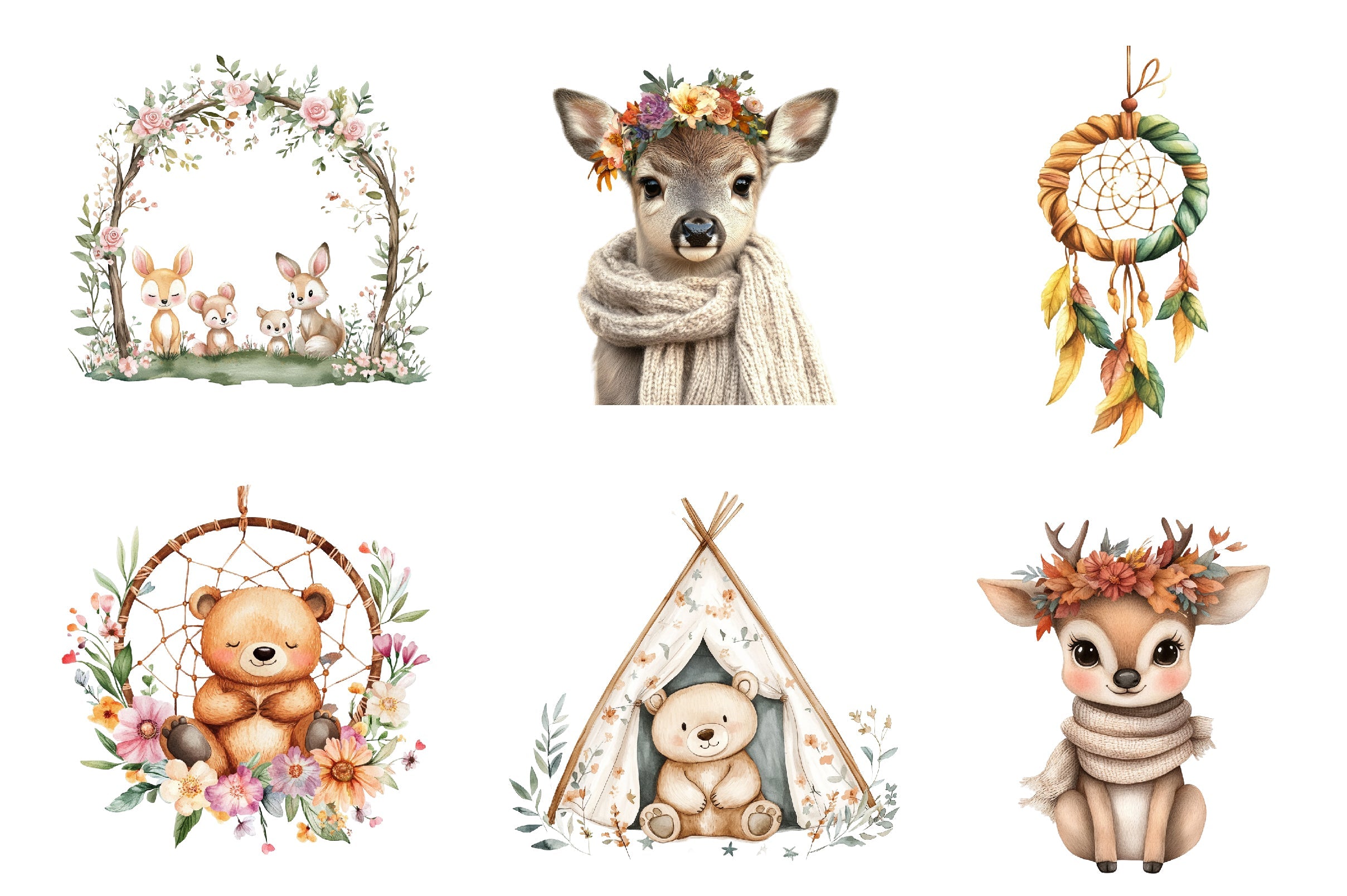 Boho Woodland Baby Floral Animals Clipart Bundle