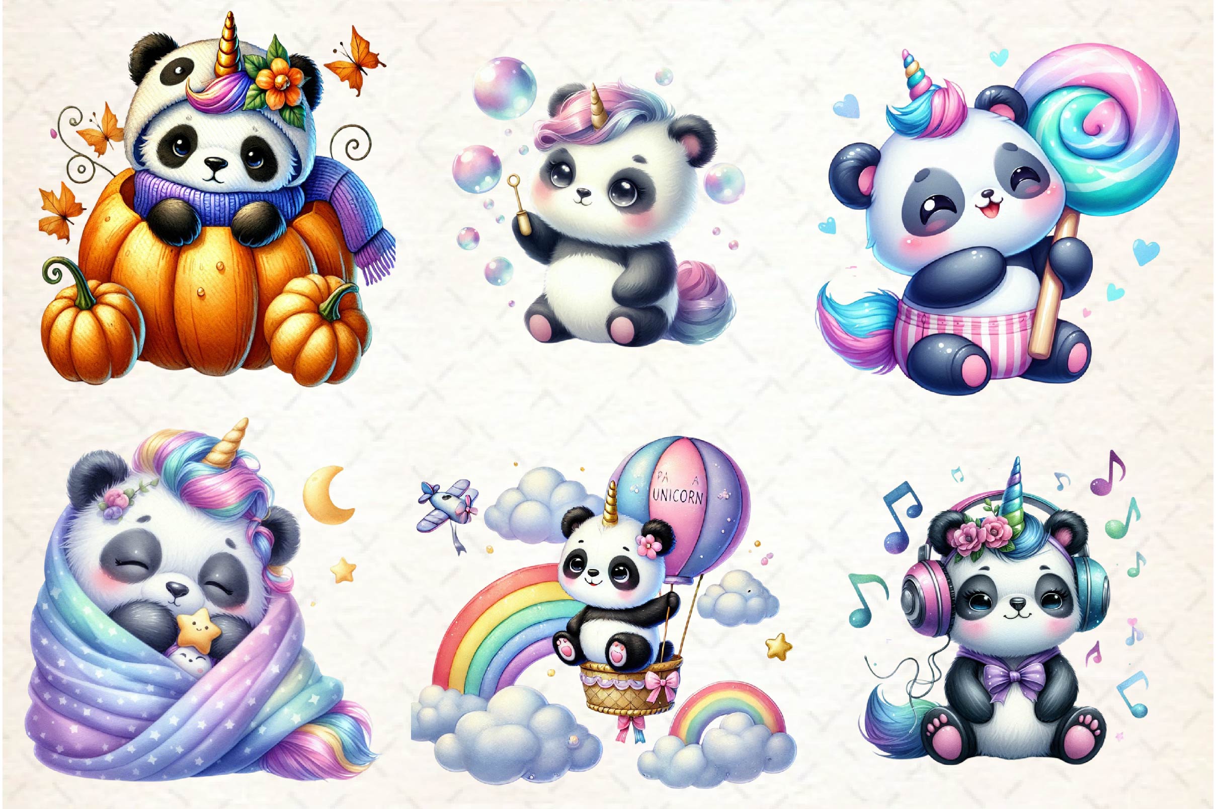 Cute Panda Unicorn Clipart Bundle