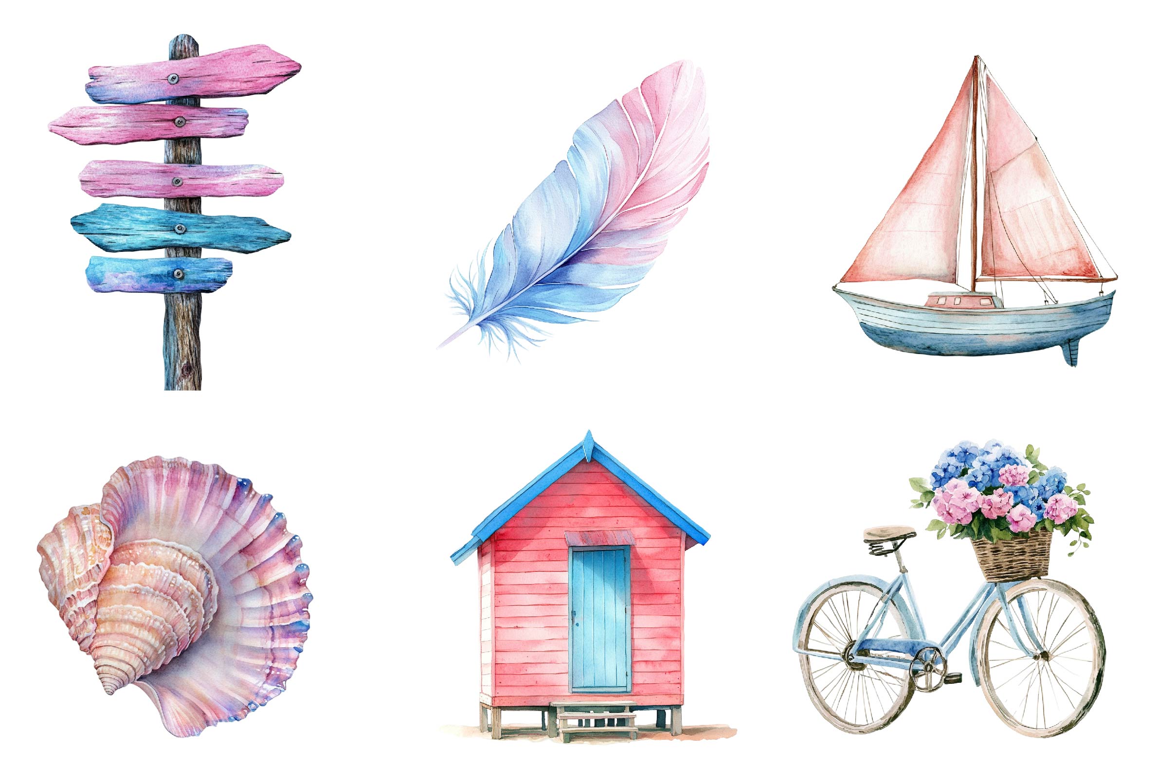 Summer Pink & Blue Coastal Clipart Bundle 1