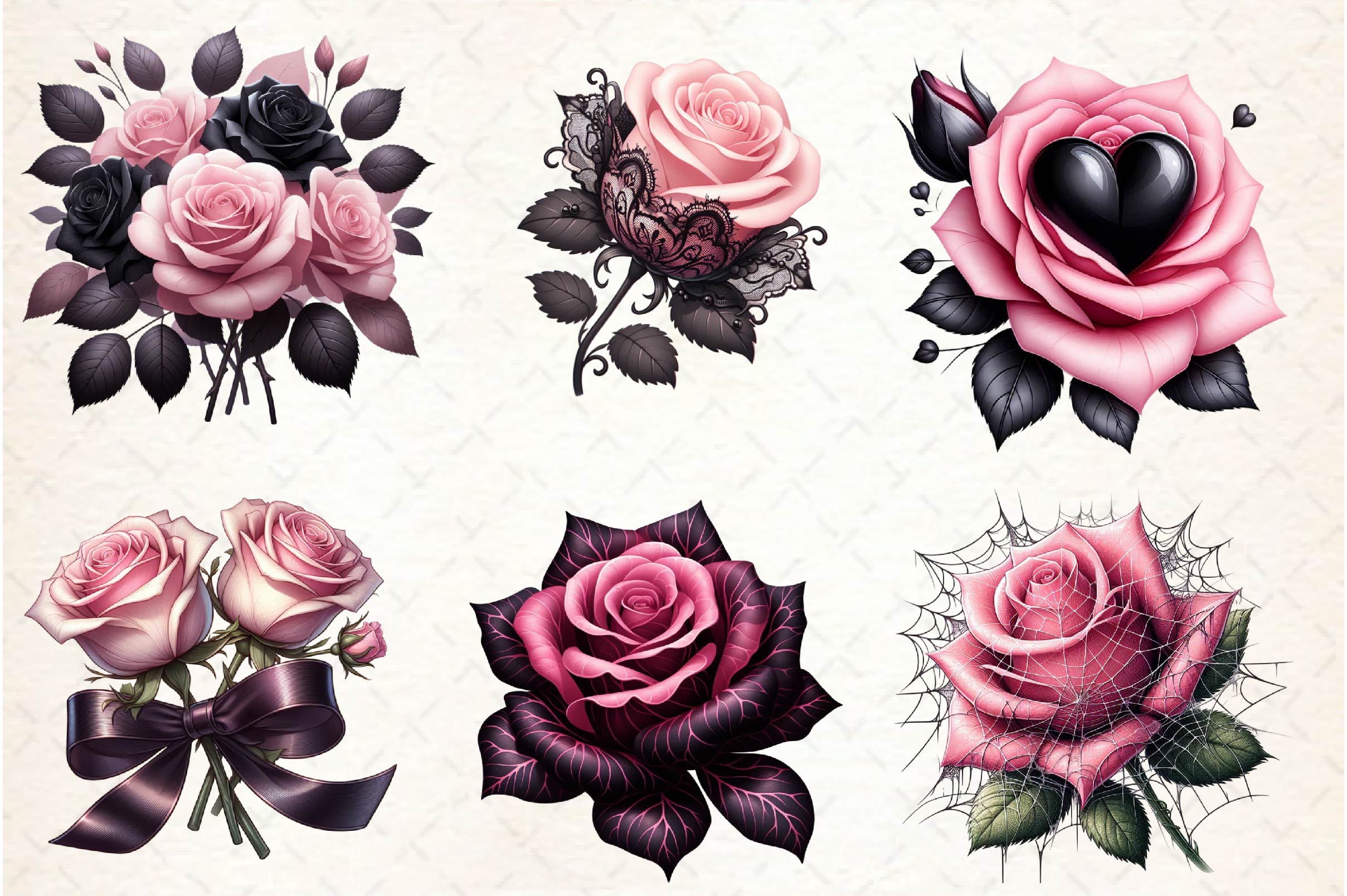 Valentine Pink Gothic Roses Clipart Bundle