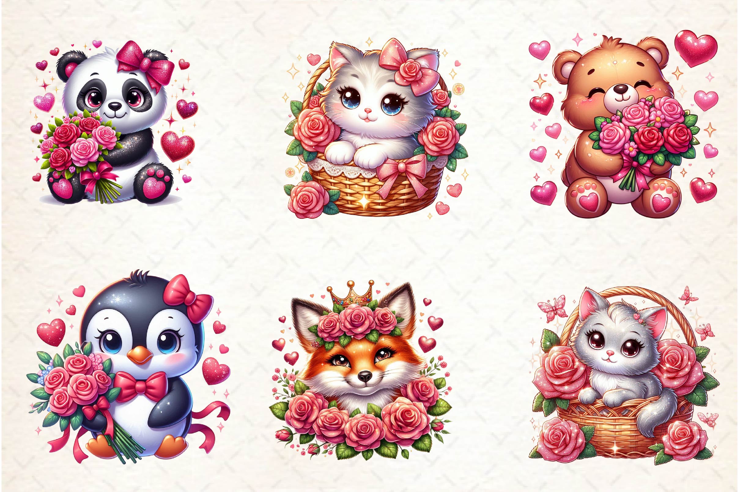 Valentine Animals With Roses Clipart Bundle