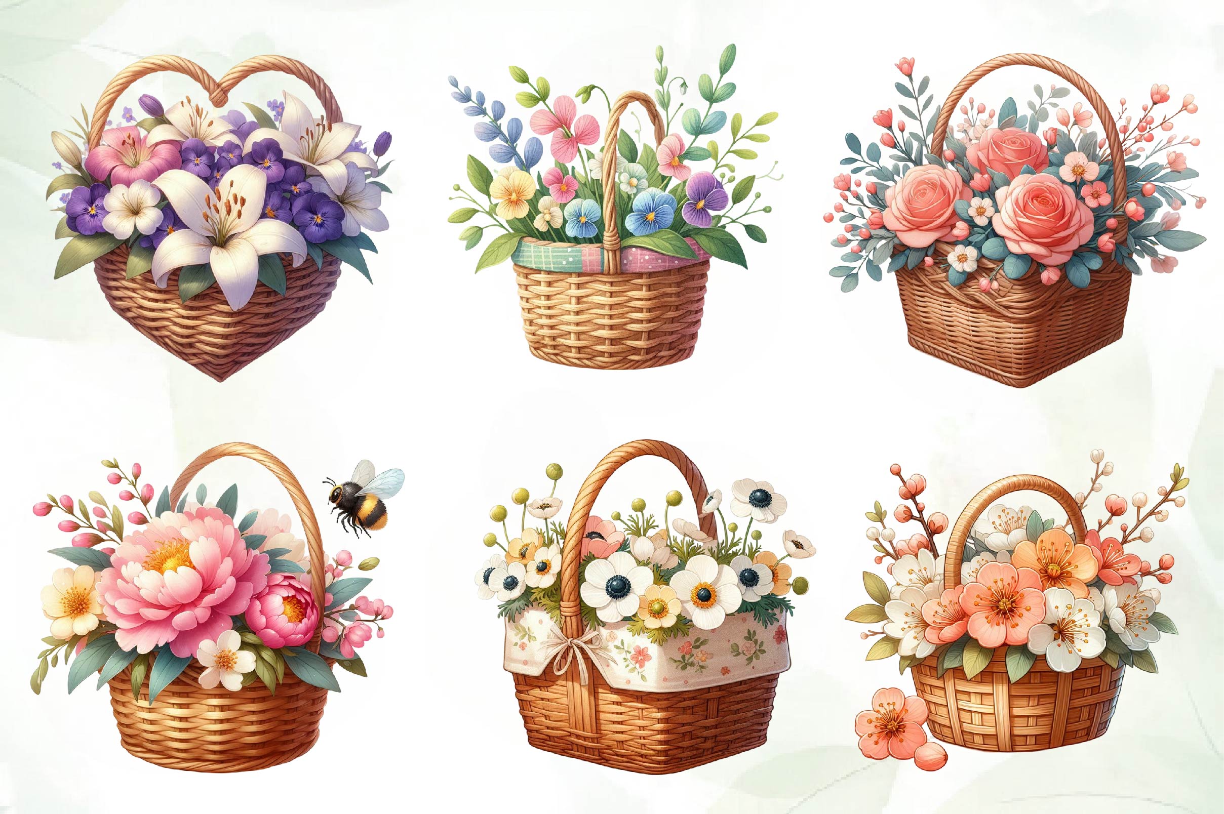 Spring Flowers Basket Clipart Bundle