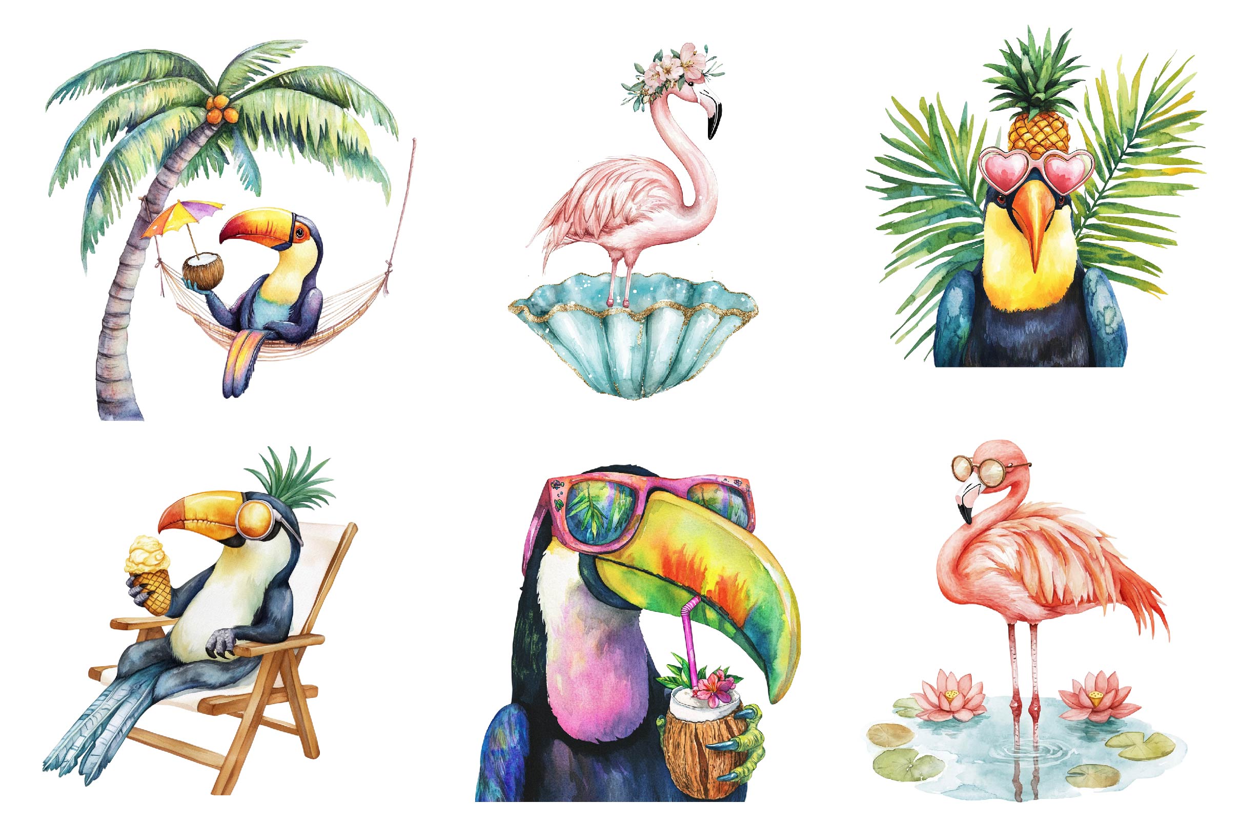 Tropical Toucan And Flamingo Summer Vibes Clipart Bundle