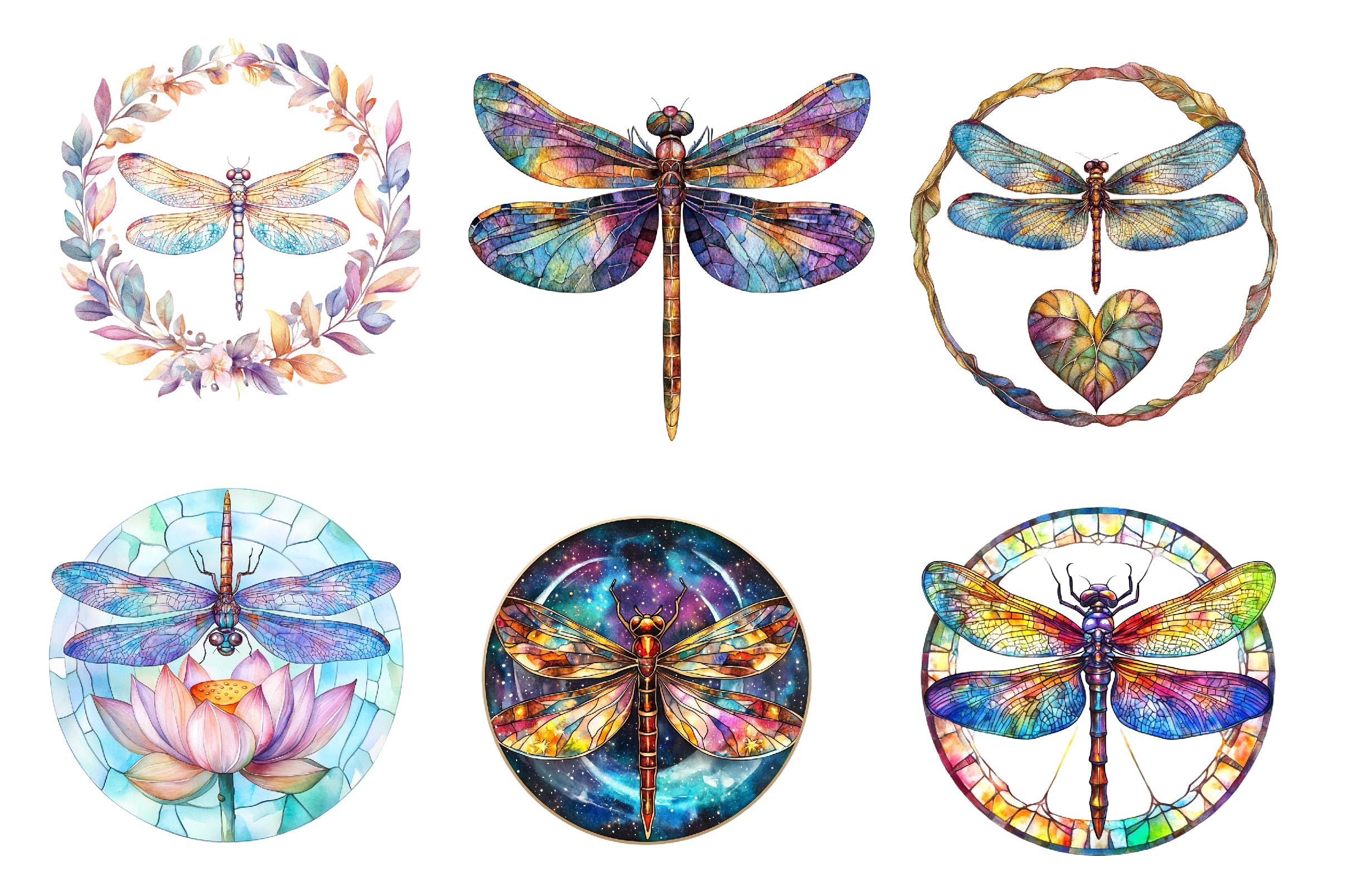 Round Dragonfly Stained Glass Clipart Bundle