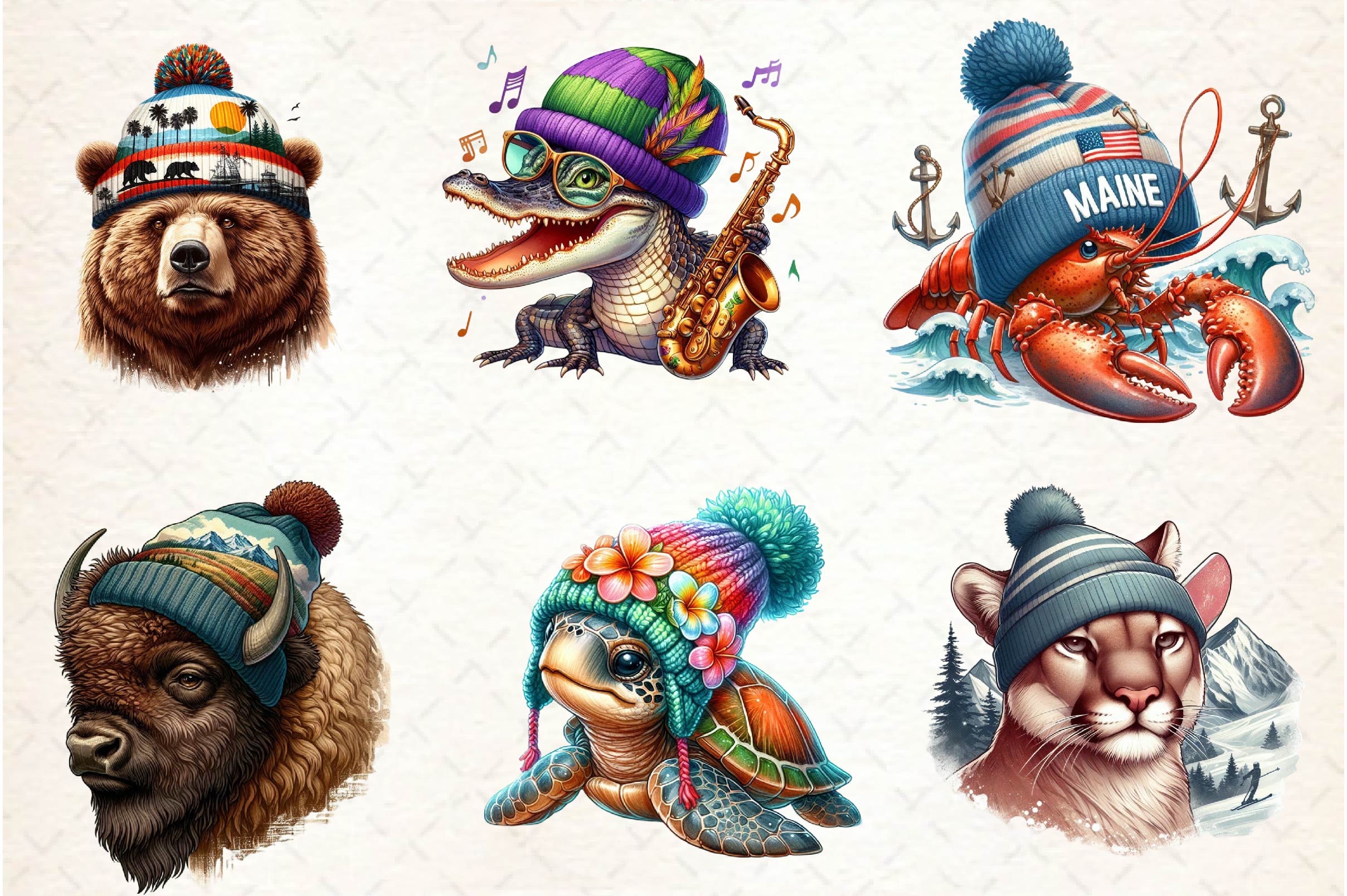 States Of Animals Wearing Knit Beanies Clipart Bundle