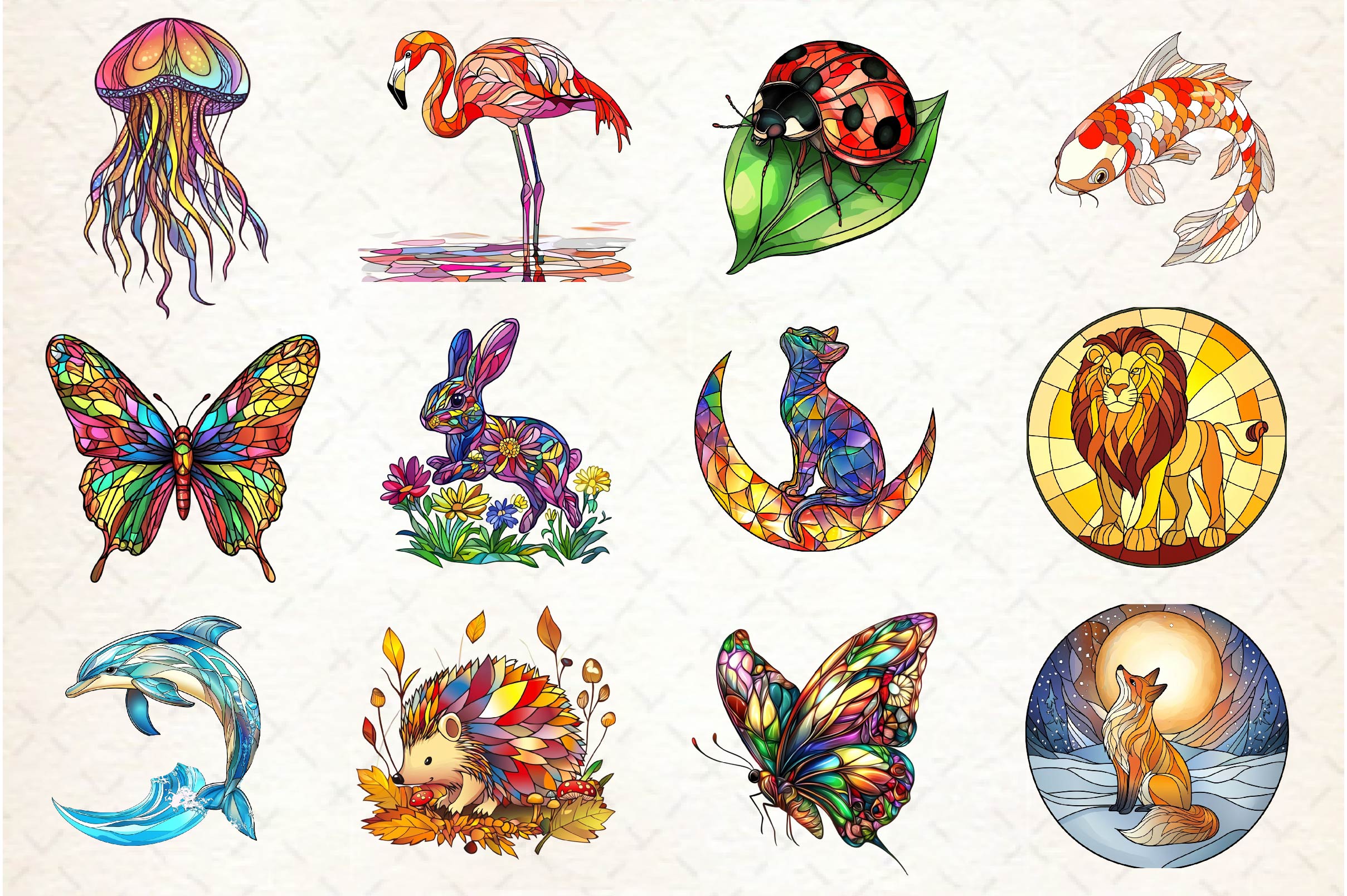 Round Stained Glass Animals Clipart Bundle