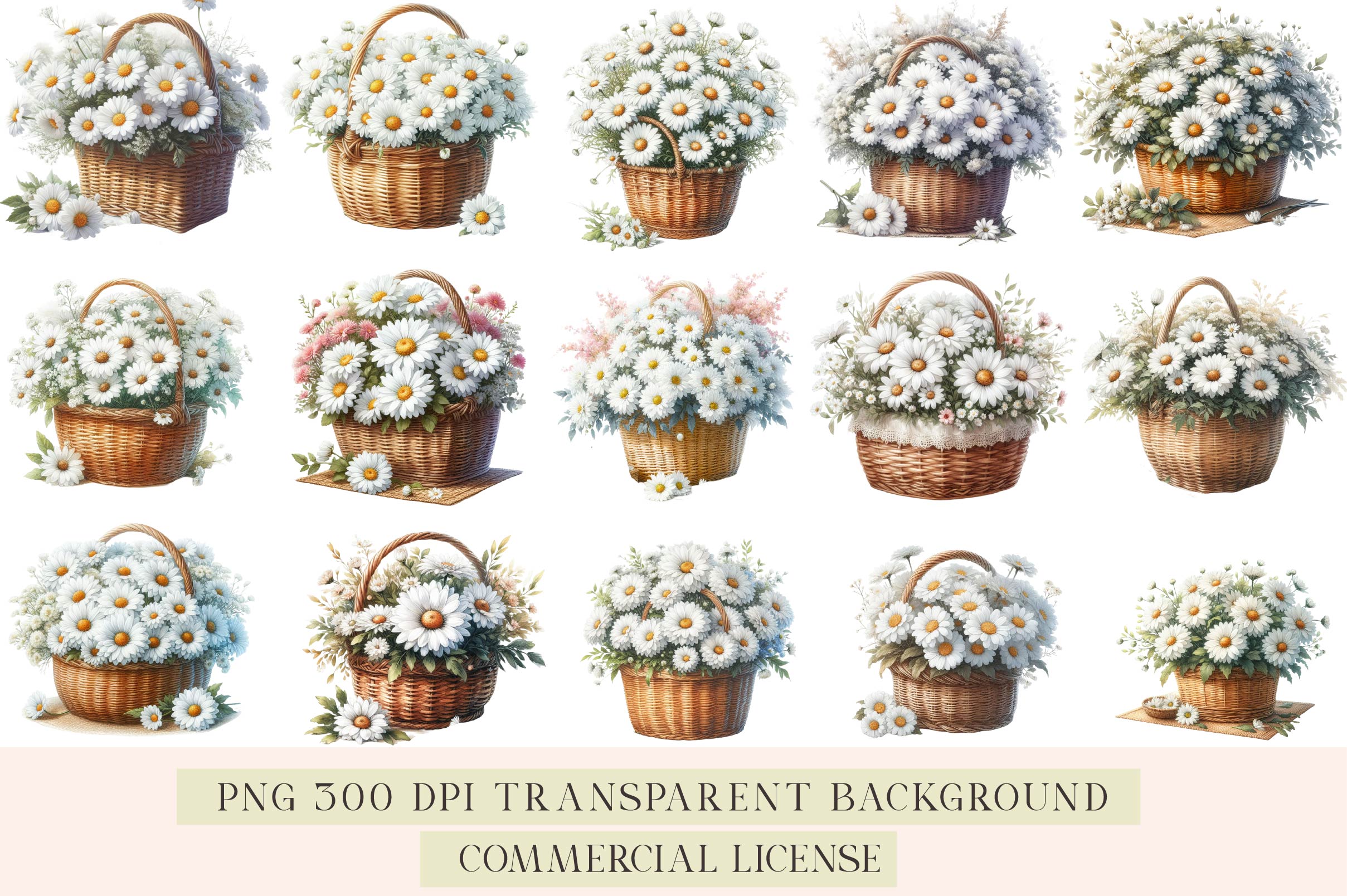 Spring Daisy Basket Clipart Bundle