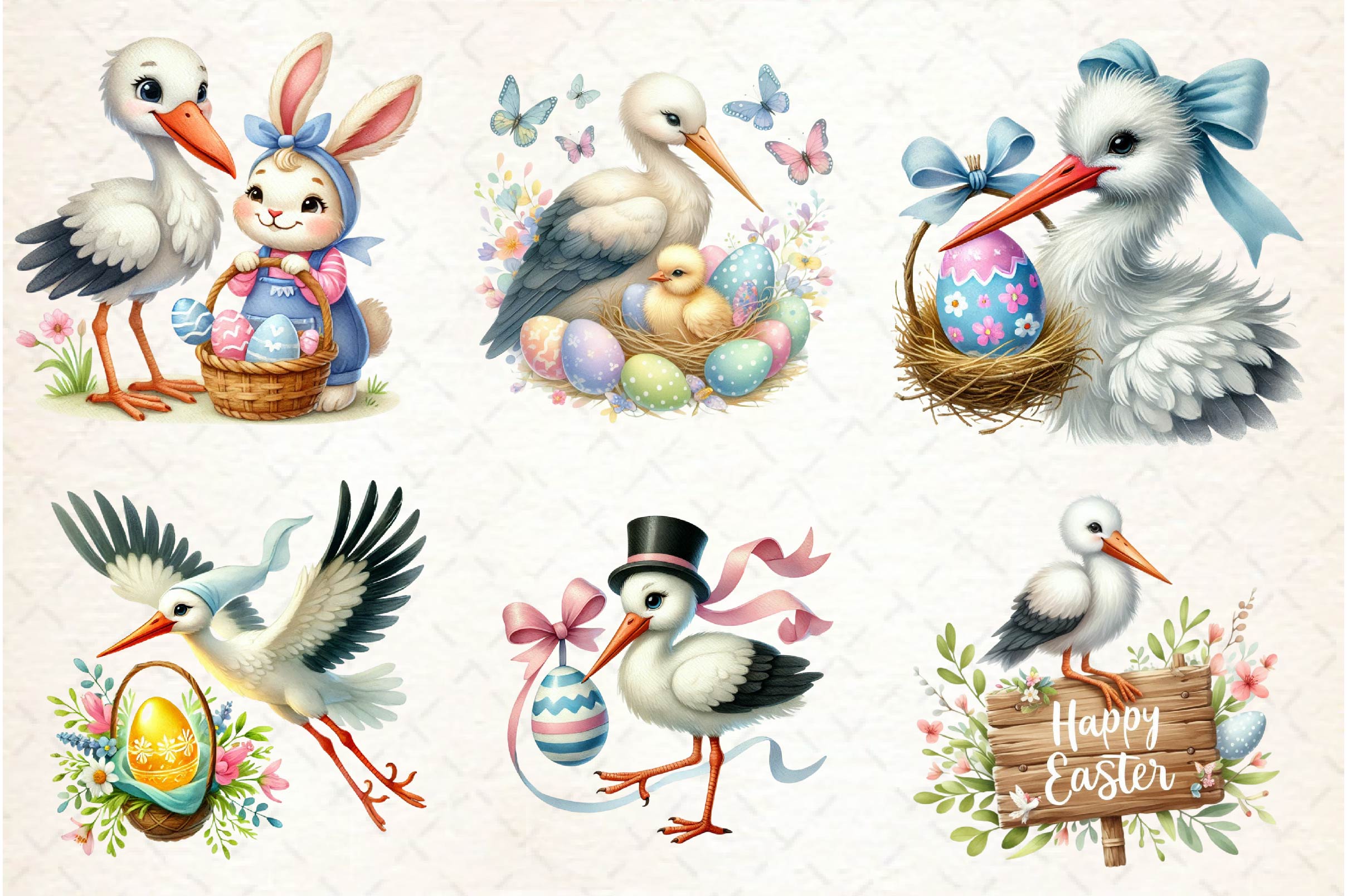 Cute Easter Stork Clipart Bundle