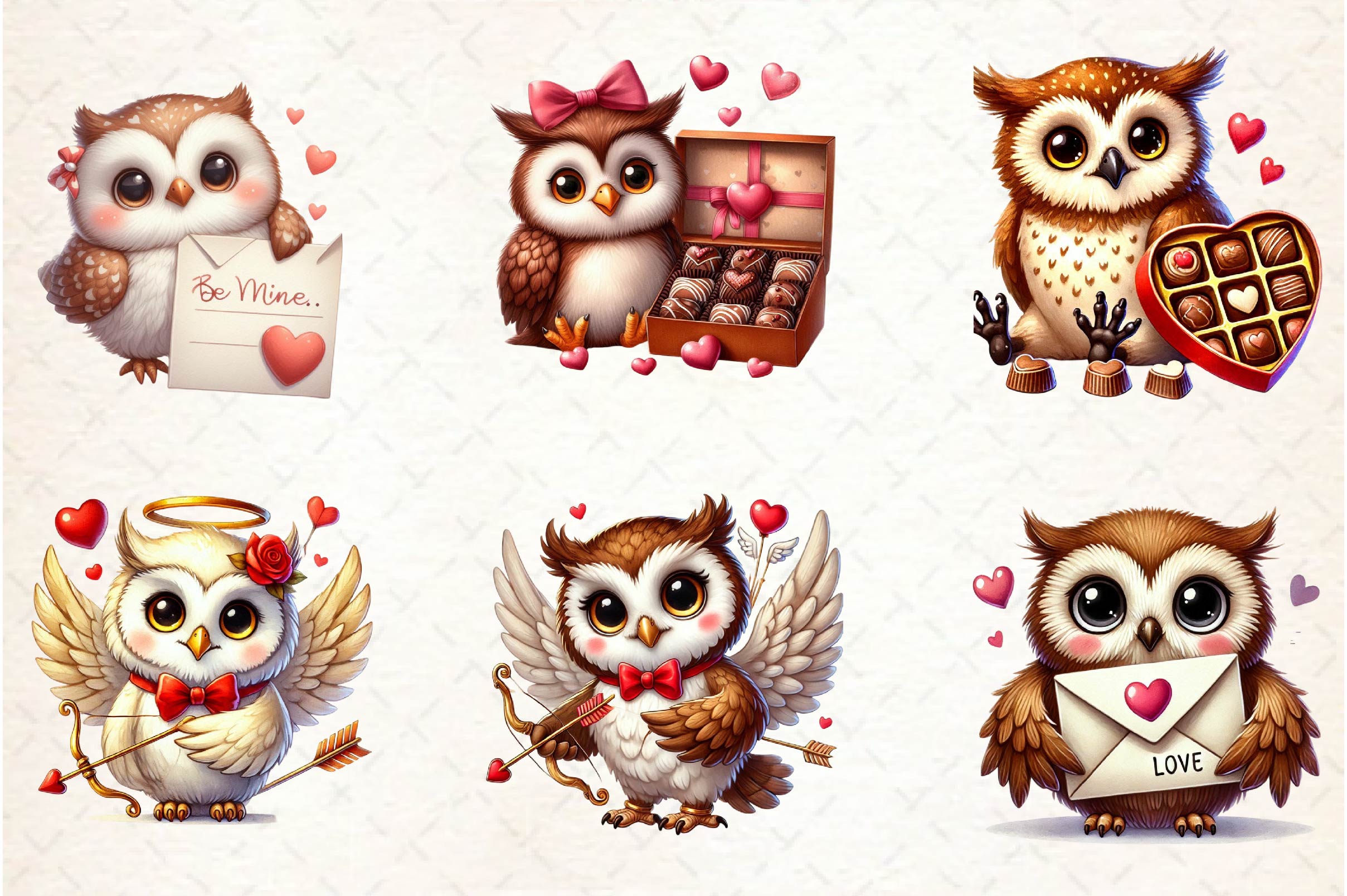 Cute Kawaii Owl Valentine Clipart Bundle