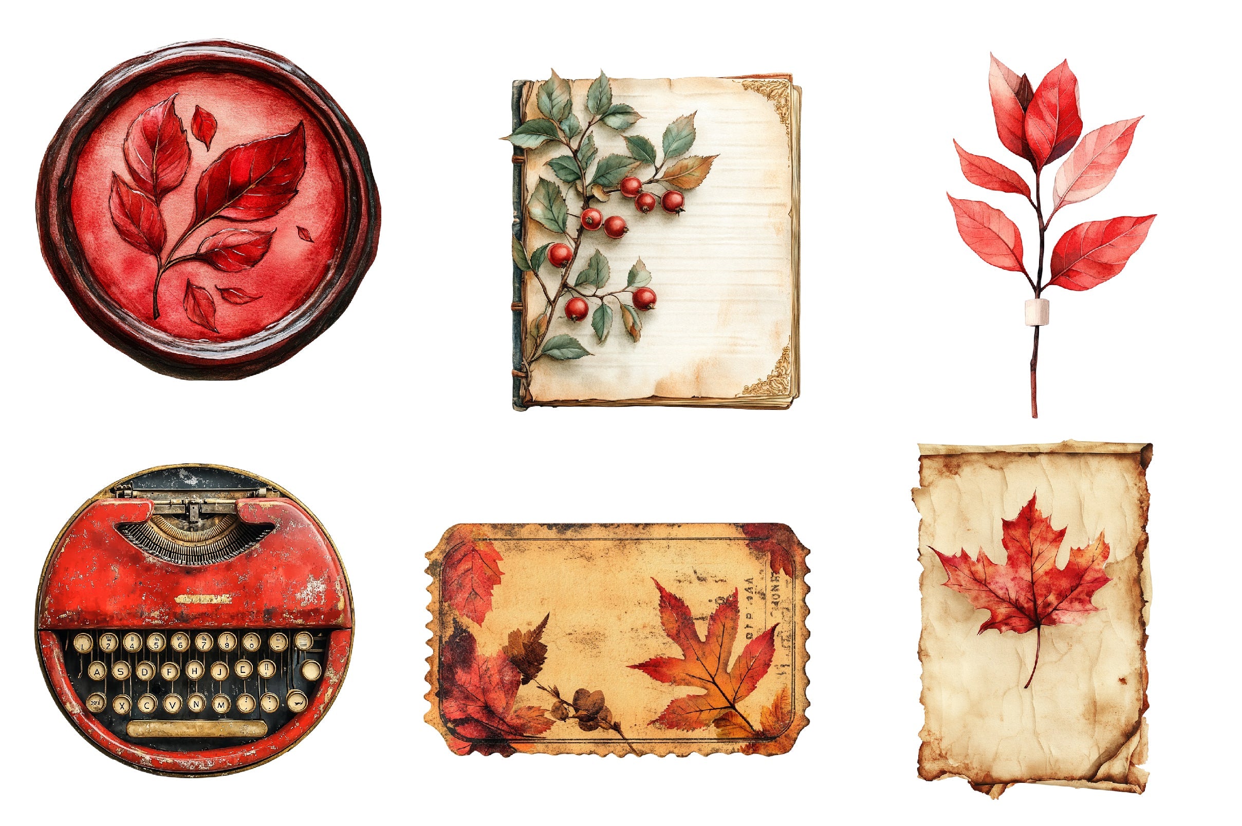 Red Vintage Fall Ephemera Clipart Bundle