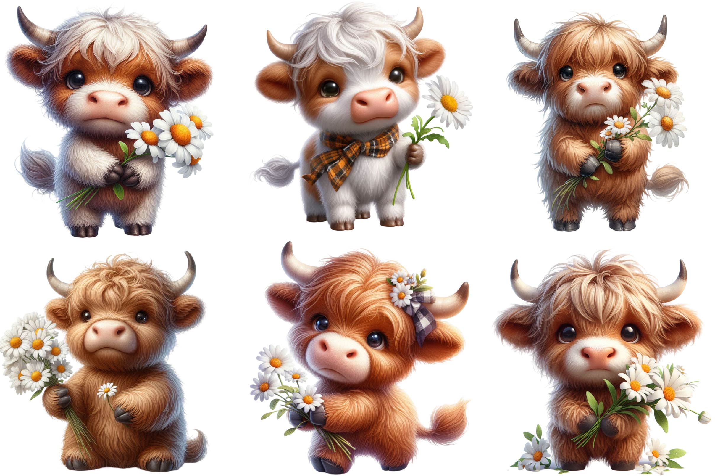 Cute Floral Highland Cow Clipart Bundle