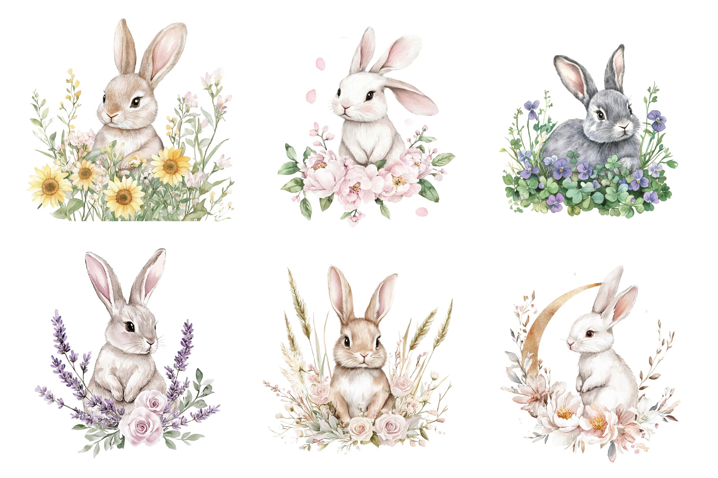 Floral Easter Bunny Clipart Bundle