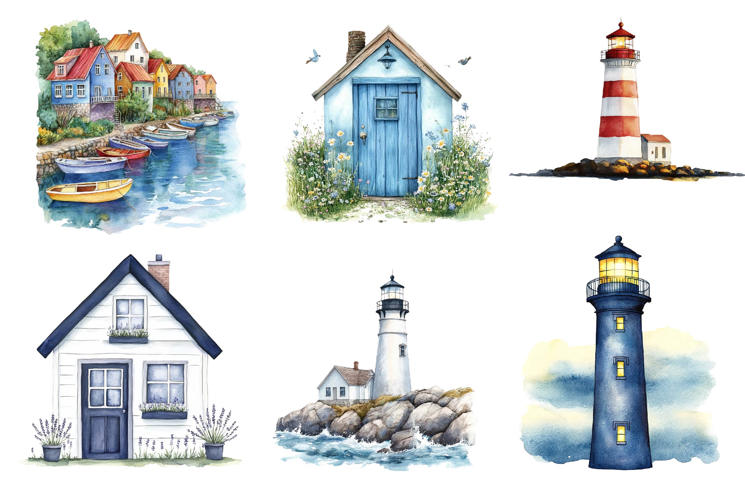 Seaside Houses And Lighthouses Clipart Bundle