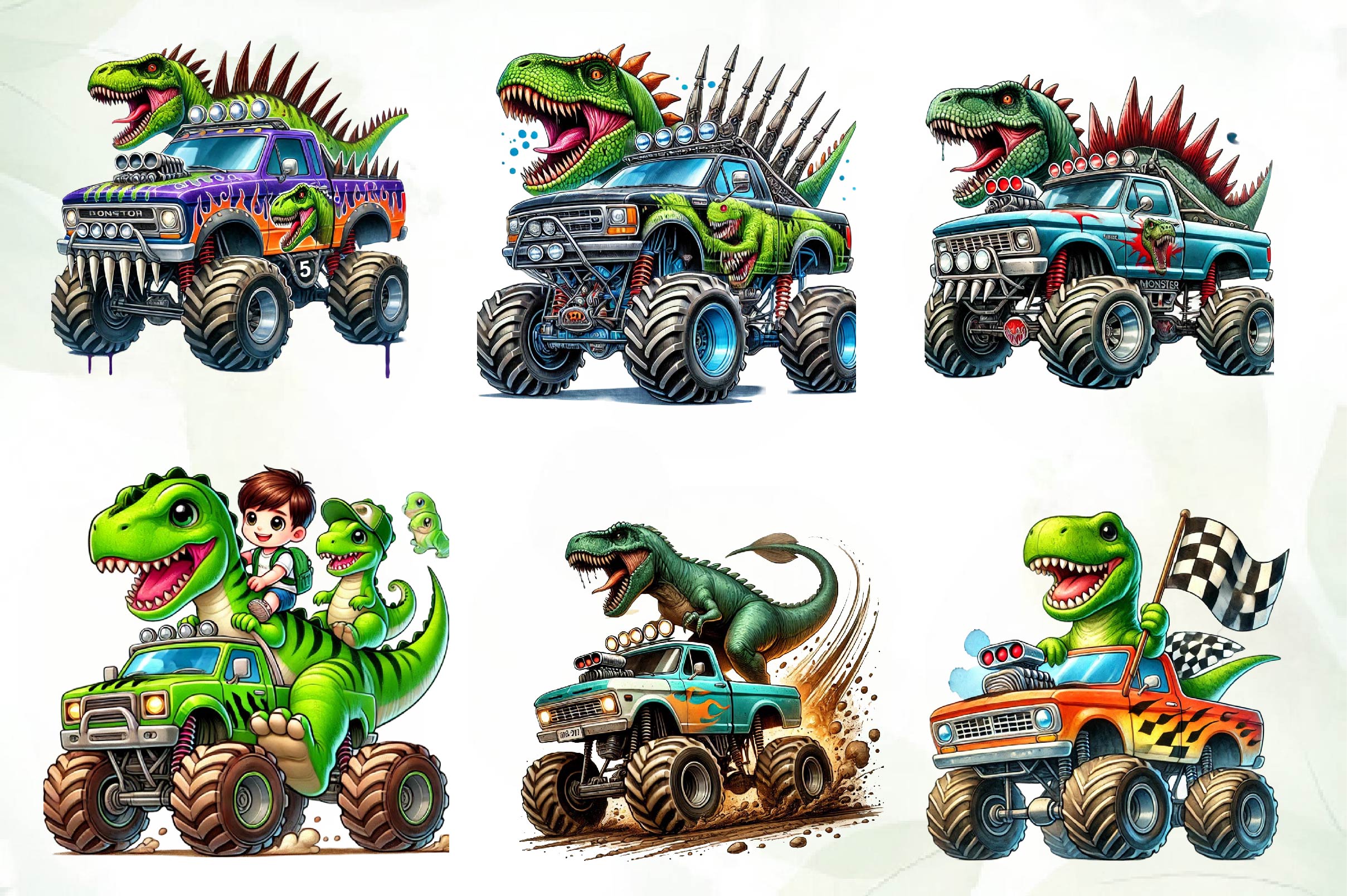 T Rex Dinosaur Monster Truck Clipart Bundle