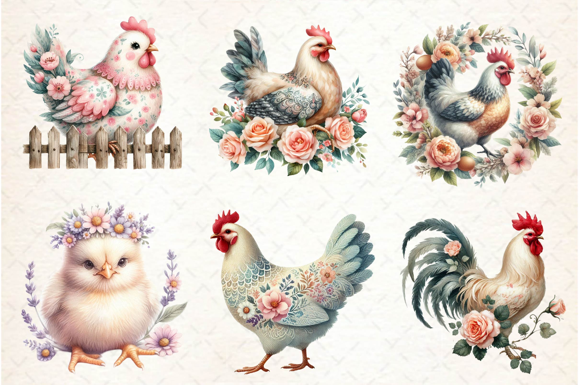 Vintage Spring Floral Chicken Clipart Bundle