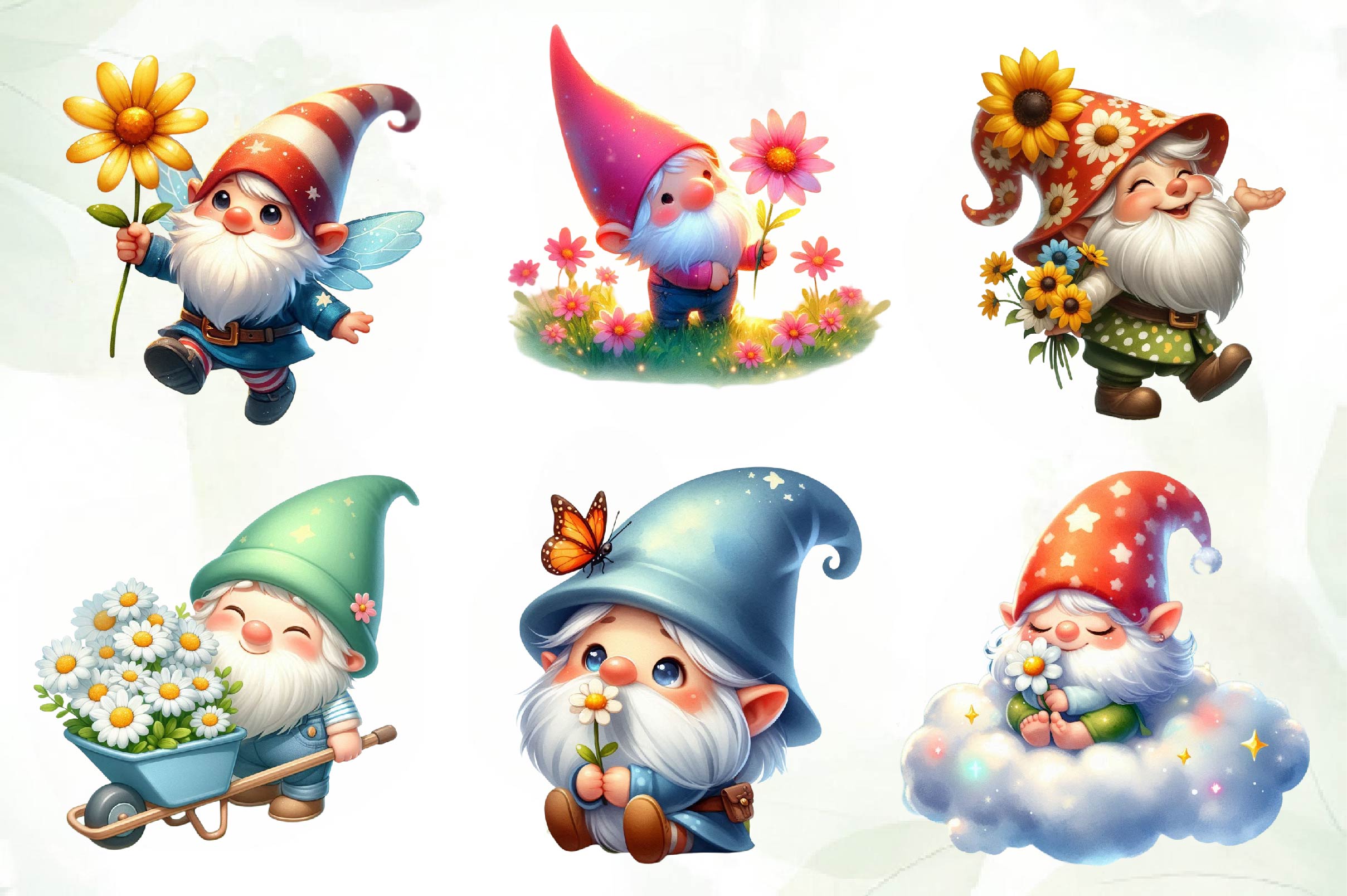 Cute Spring Gnome Daisy Flower Clipart Bundle
