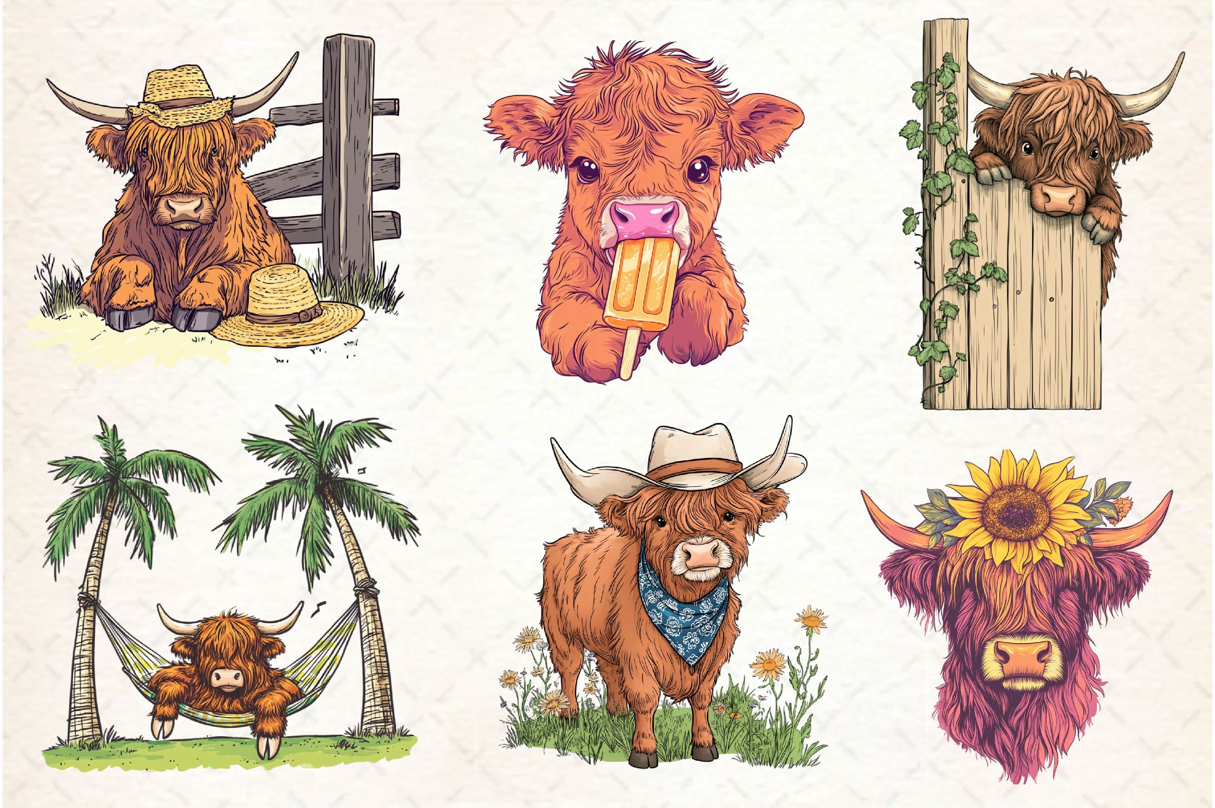 Summer Highland Cow Clipart Bundle
