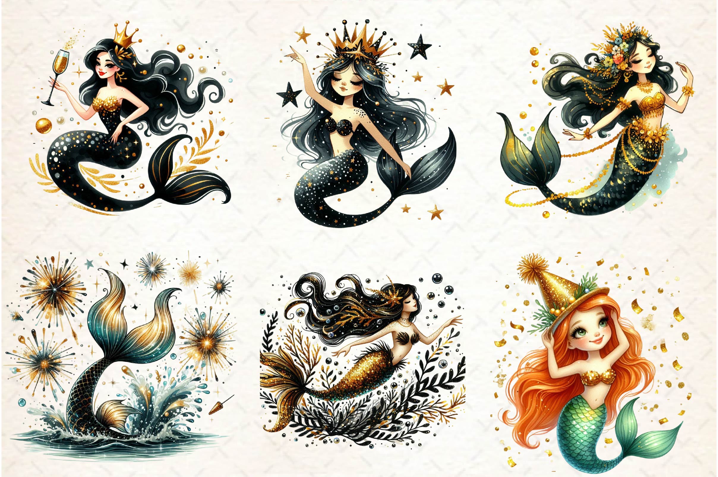 New Year Mermaid Clipart Bundle