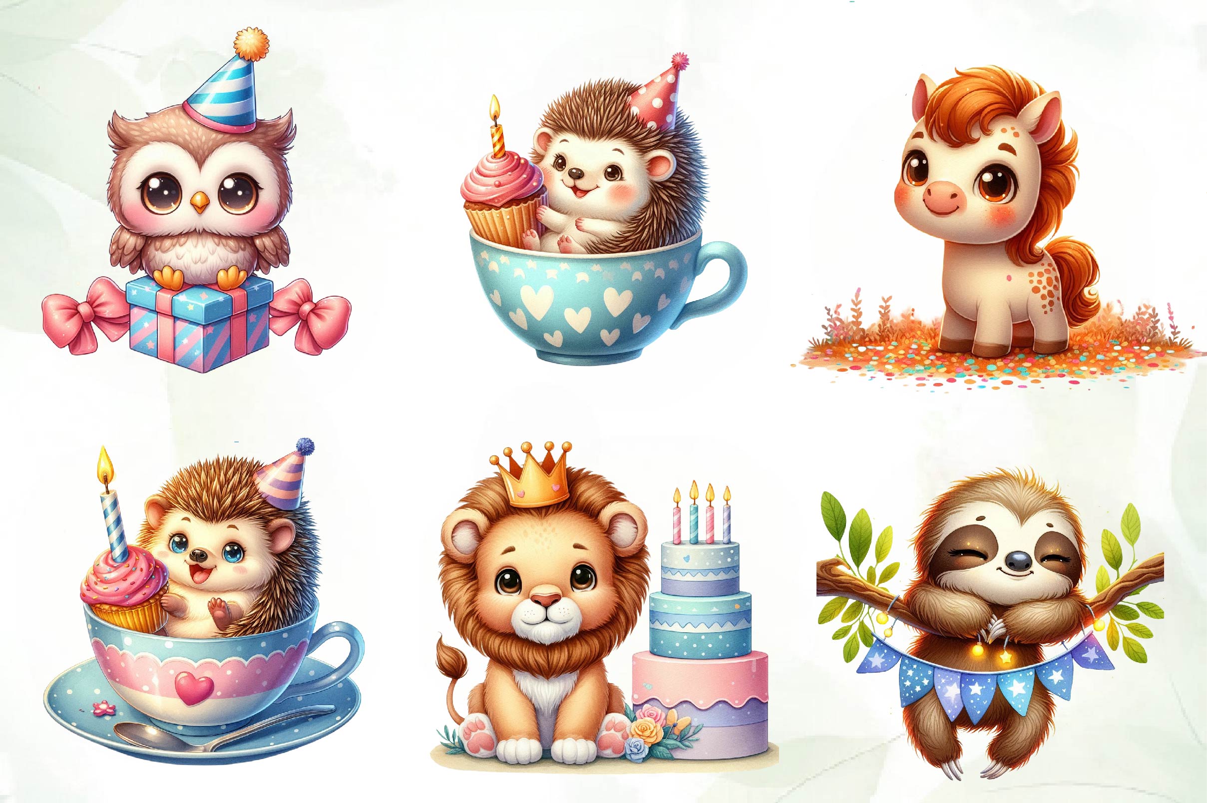 Cute Animals Birthday Water Color Clipart Bundle