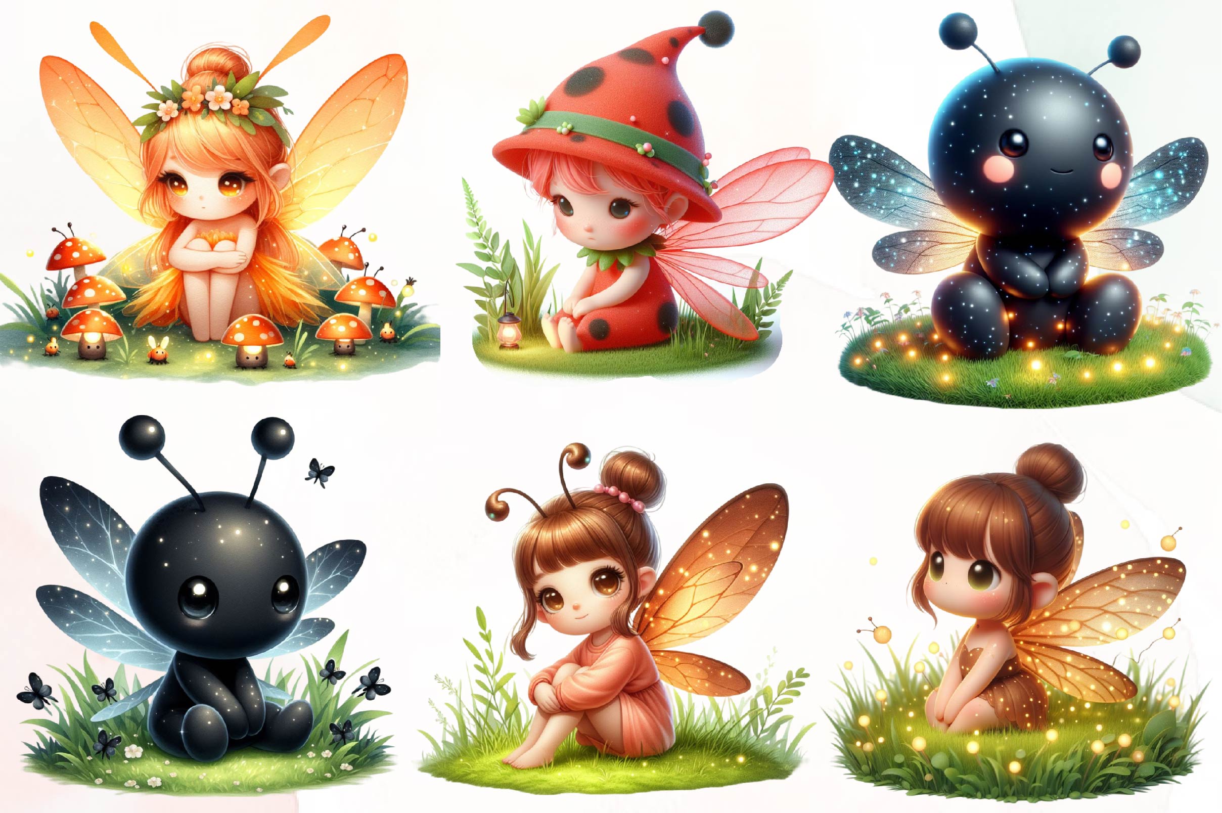 Cute Fireflies Fairy Clipart Bundle