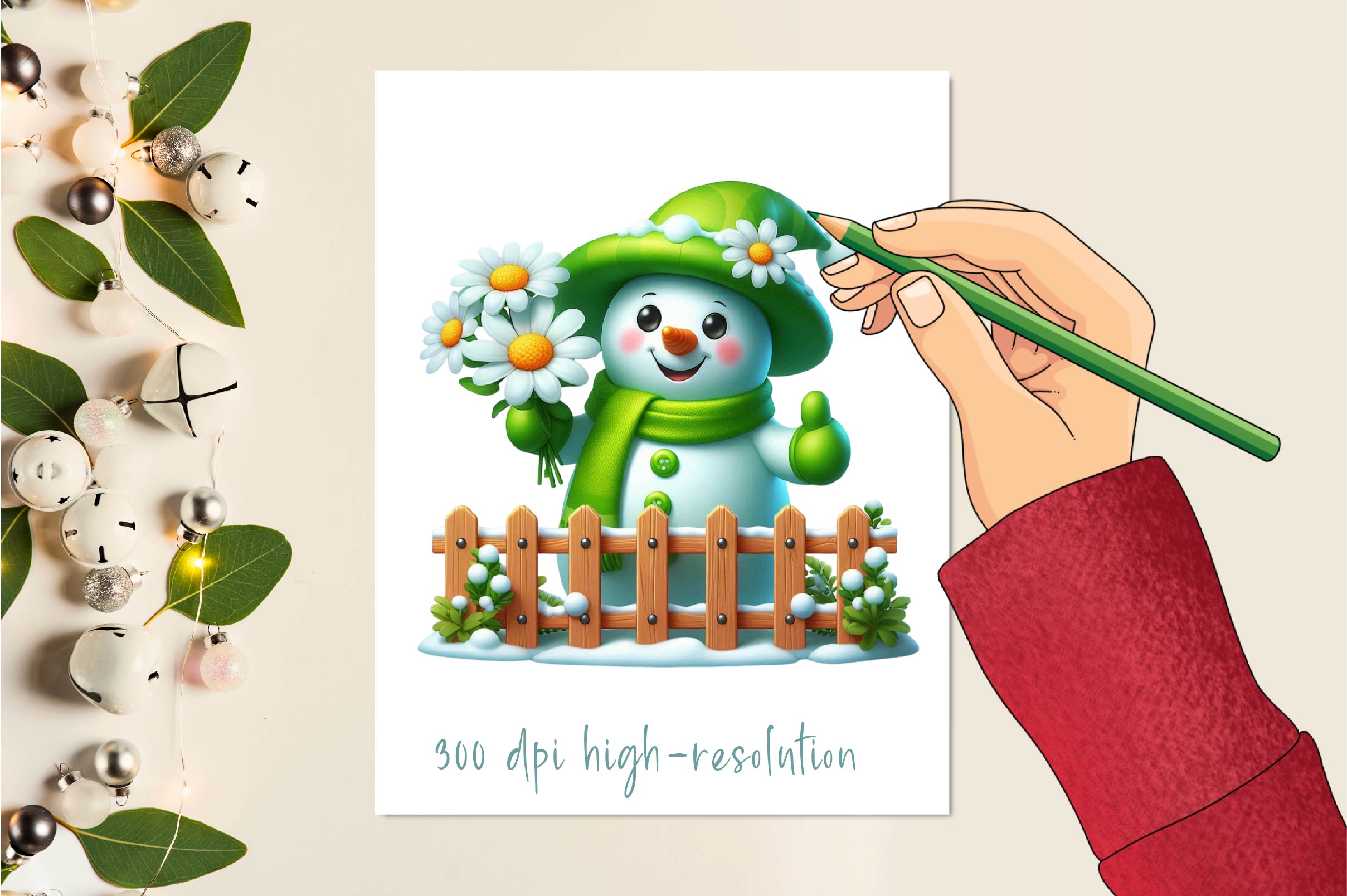 Green Christmas Snowman Clipart Bundle