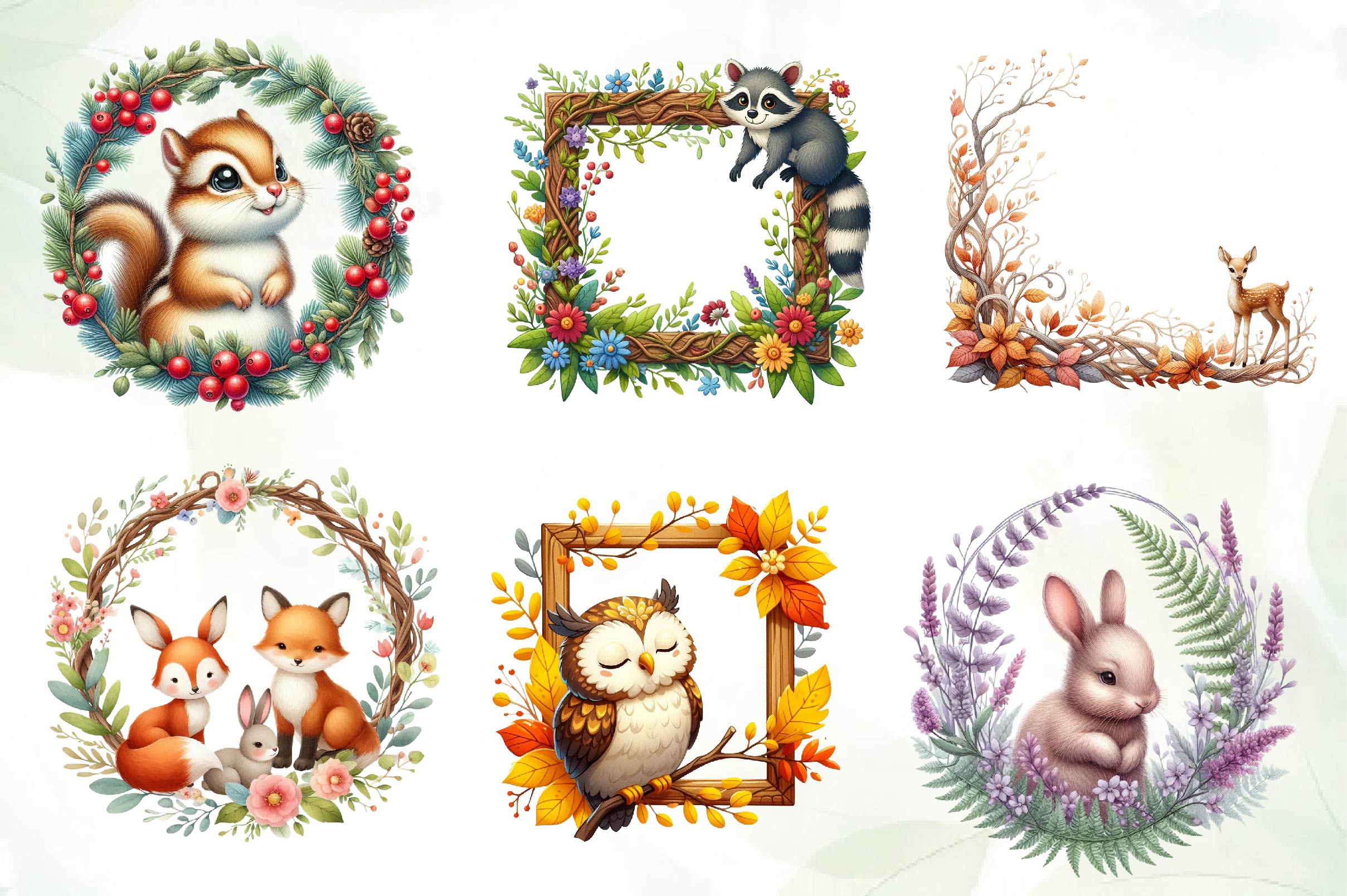 Woodland Forest Animals Frame Clipart Bundle