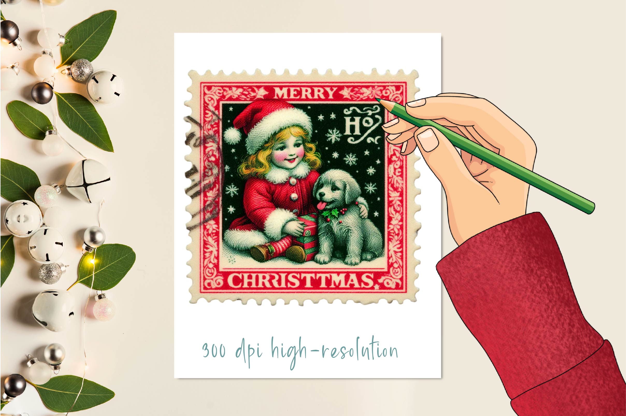 Christmas Girl Postage Stamps Clipart Bundle