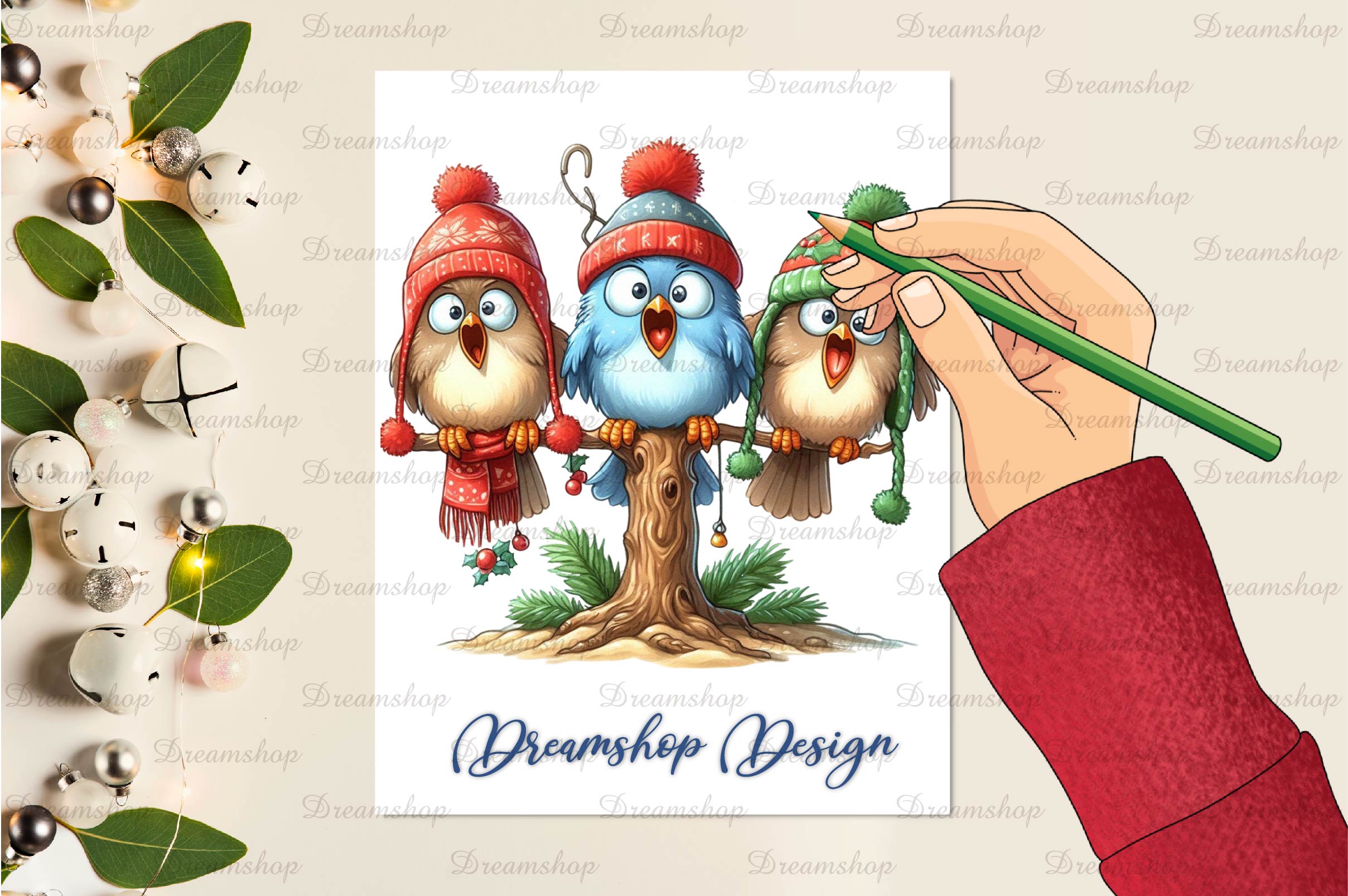 Christmas Funny Birds On Branch Clipart Bundle