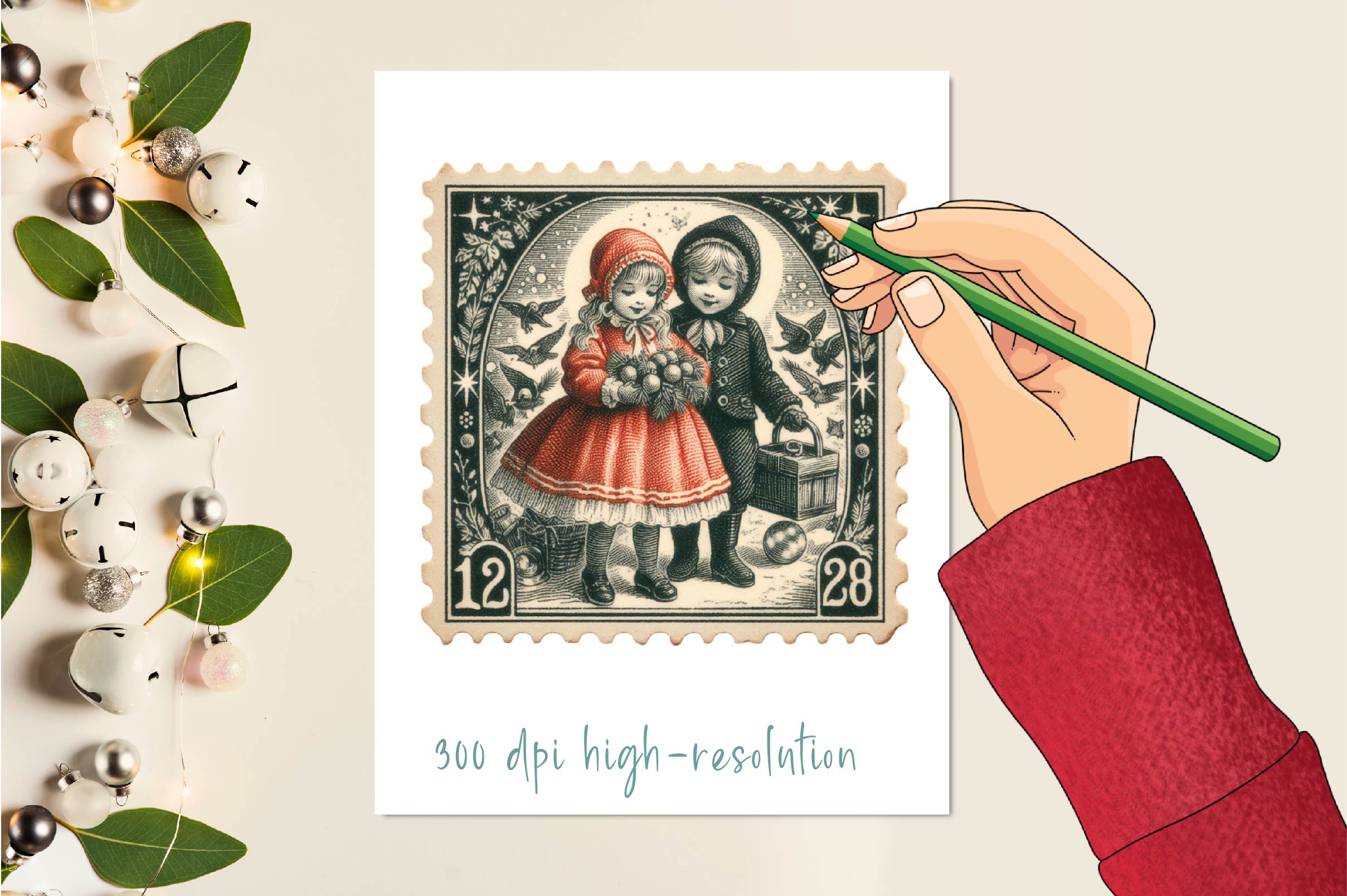 Christmas Girl And Boy Postage Stamps Clipart Bundle