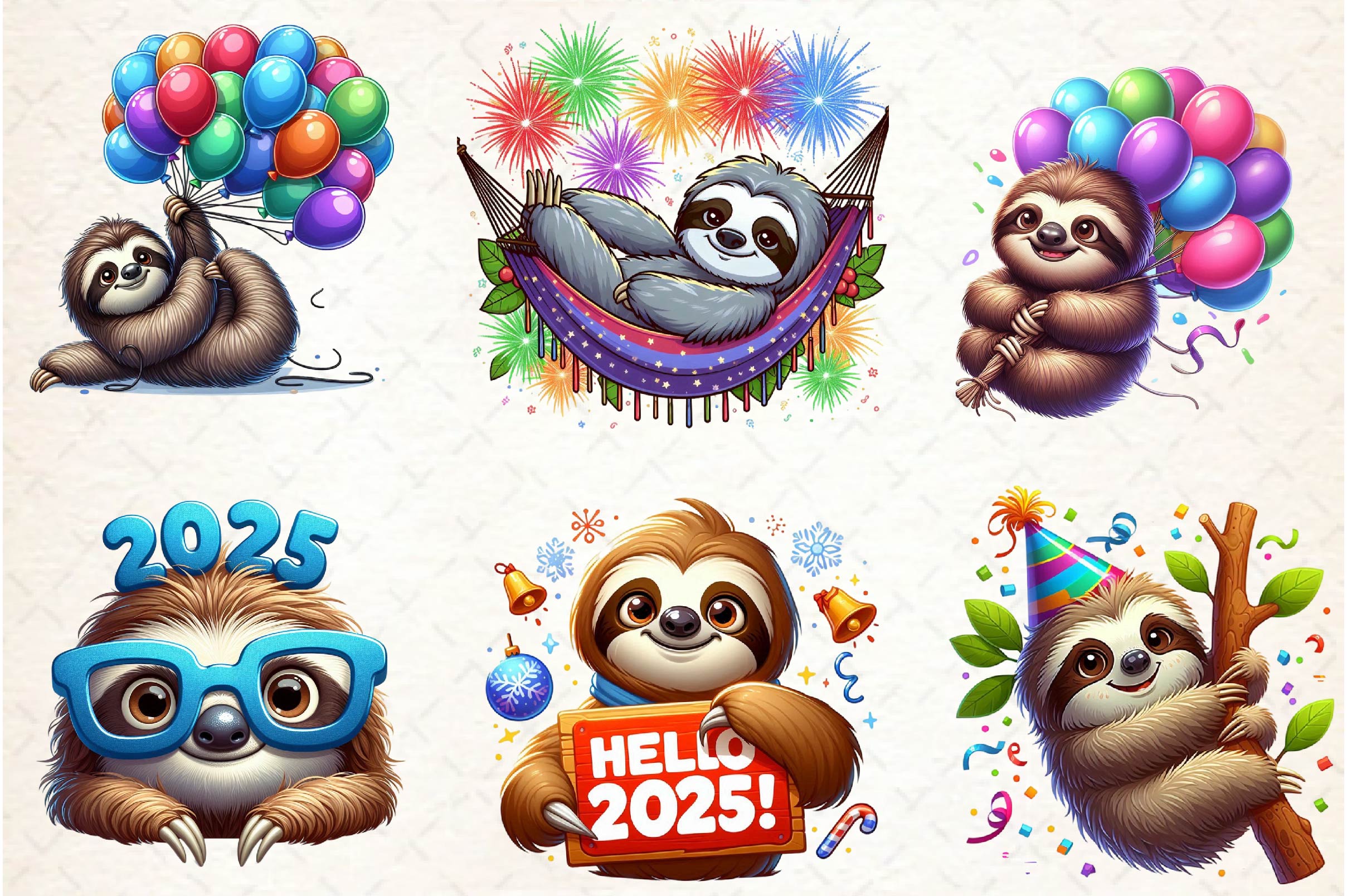 Happy New Year Sloth Clipart Bundle