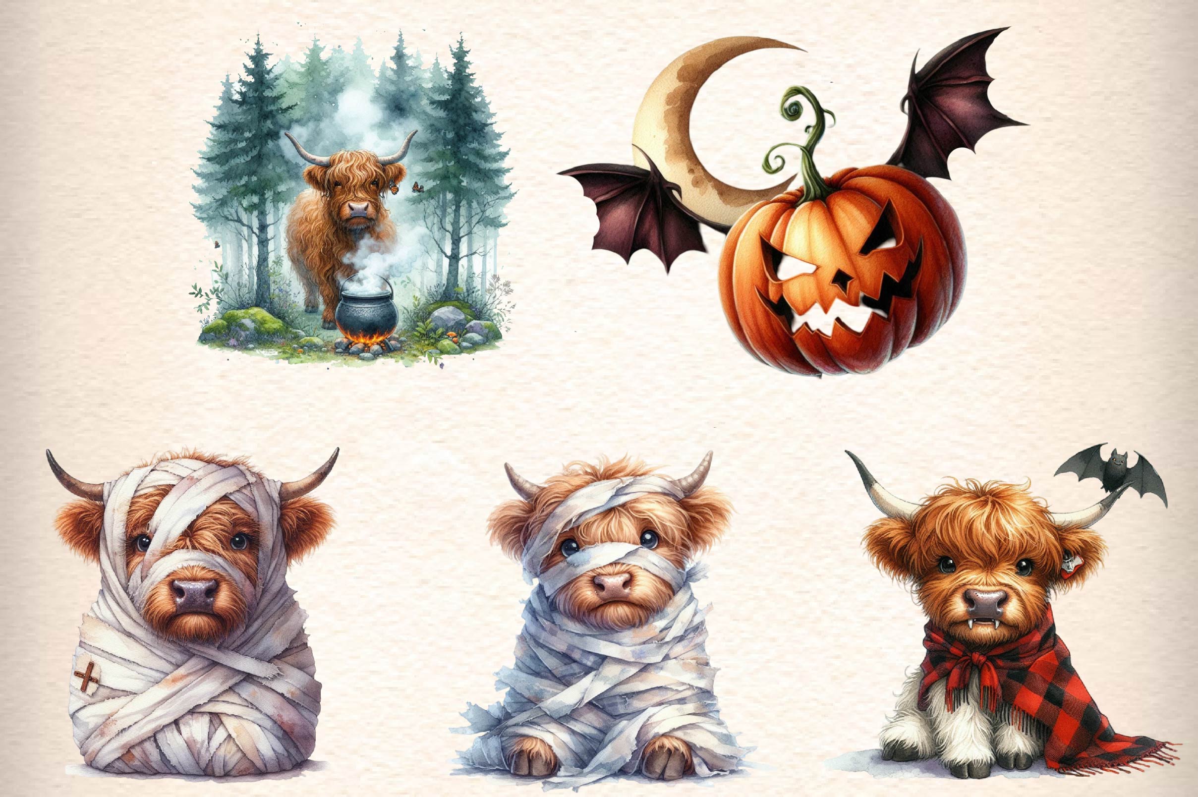 Cute Halloween Highland Cow Clipart Bundle 1