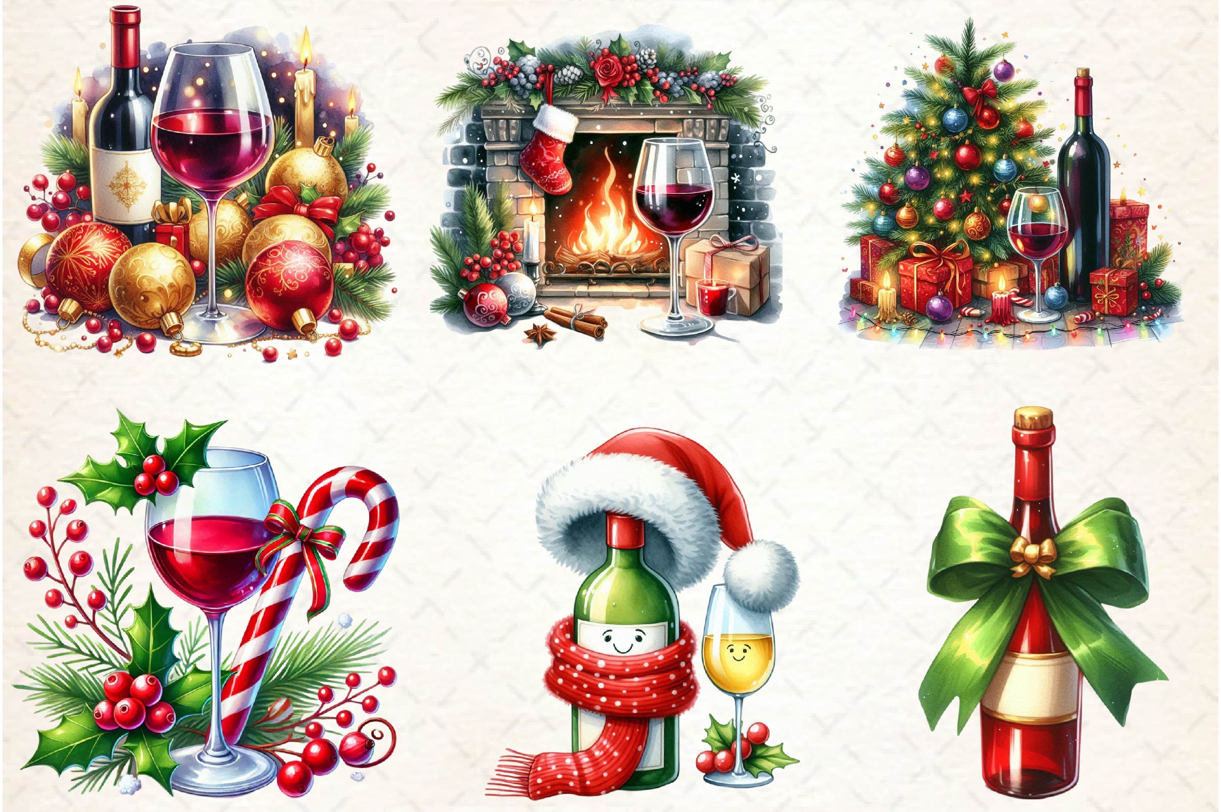 Christmas Red Wine Clipart Bundle