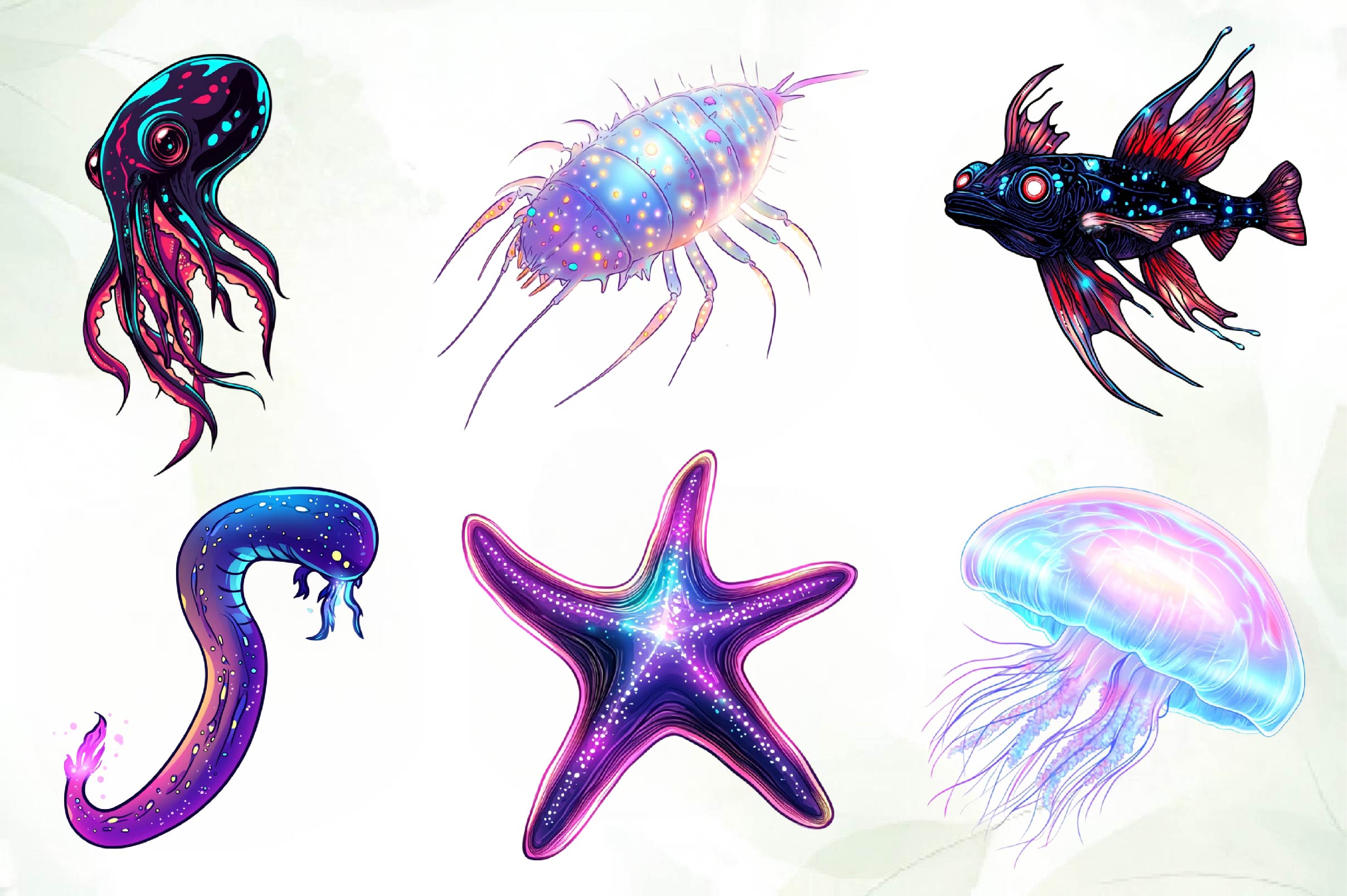 Bioluminescent Sea Animal Clipart Bundle