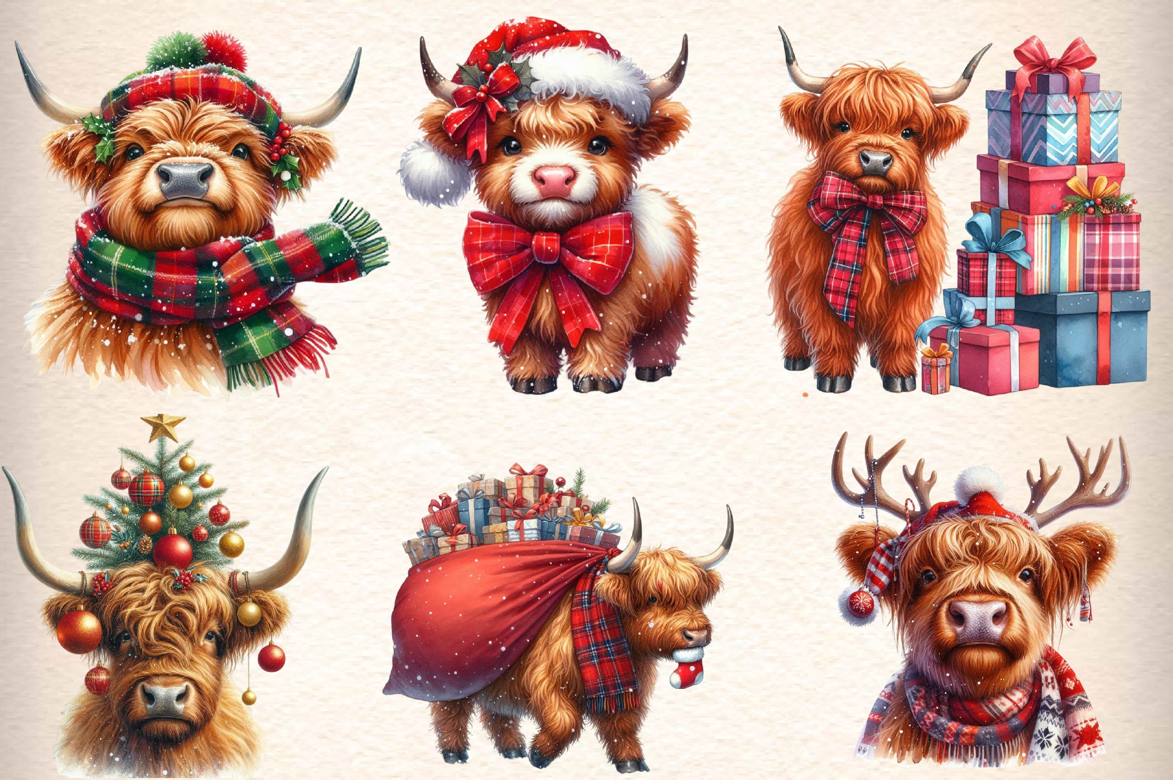 Christmas Highland Cow Clipart Bundle 6