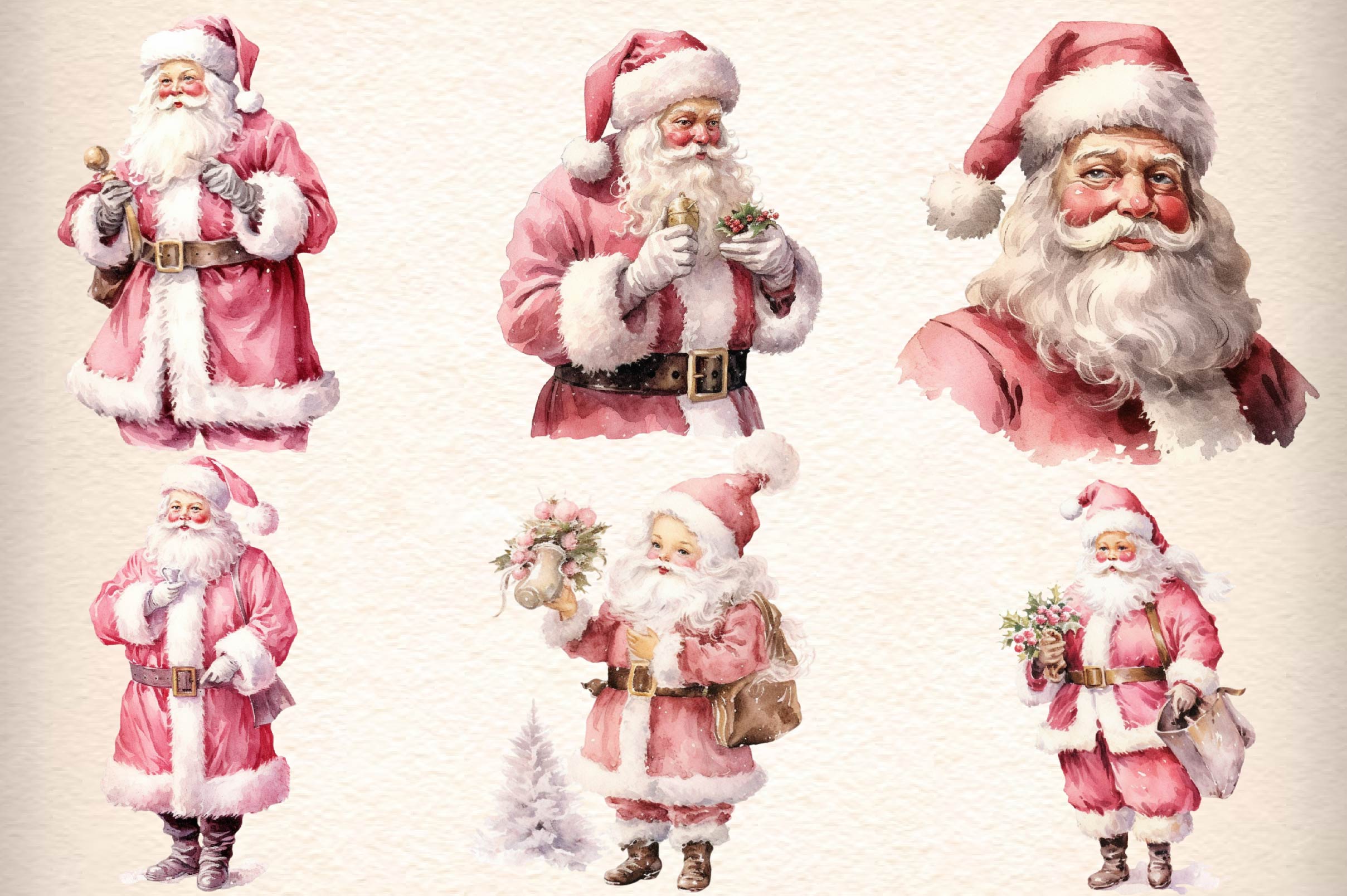 Vintage Christmas Pink Santa Clipart Bundle