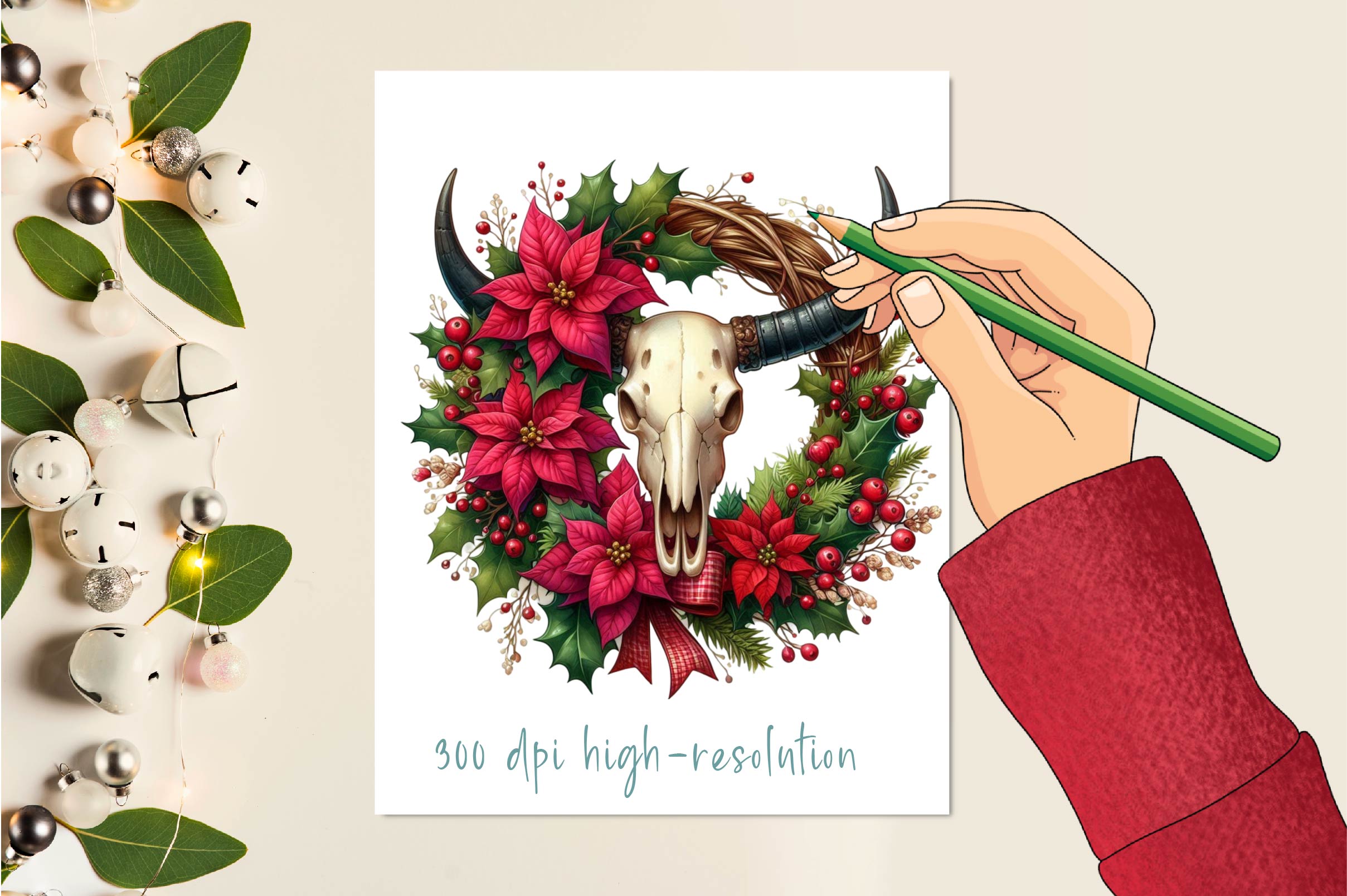 Christmas Cow Skull Clipart Bundle