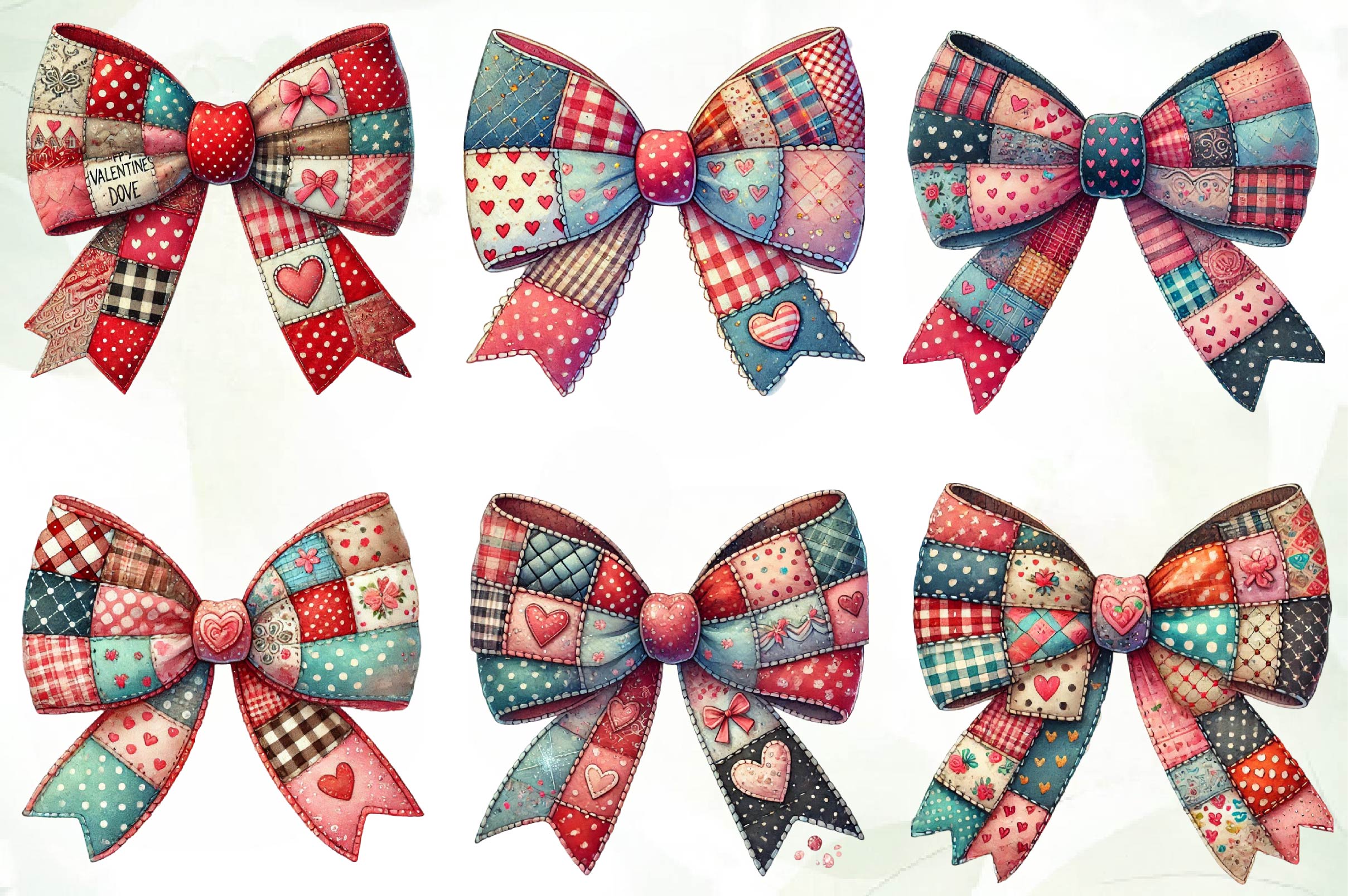 Patchwork Valentines Day Bow Clipart Bundle