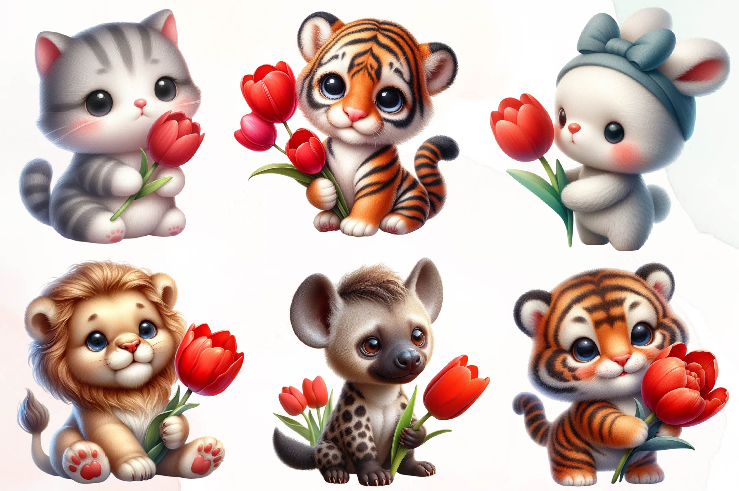 Cute Animals And Tulip Flower Clipart Bundle