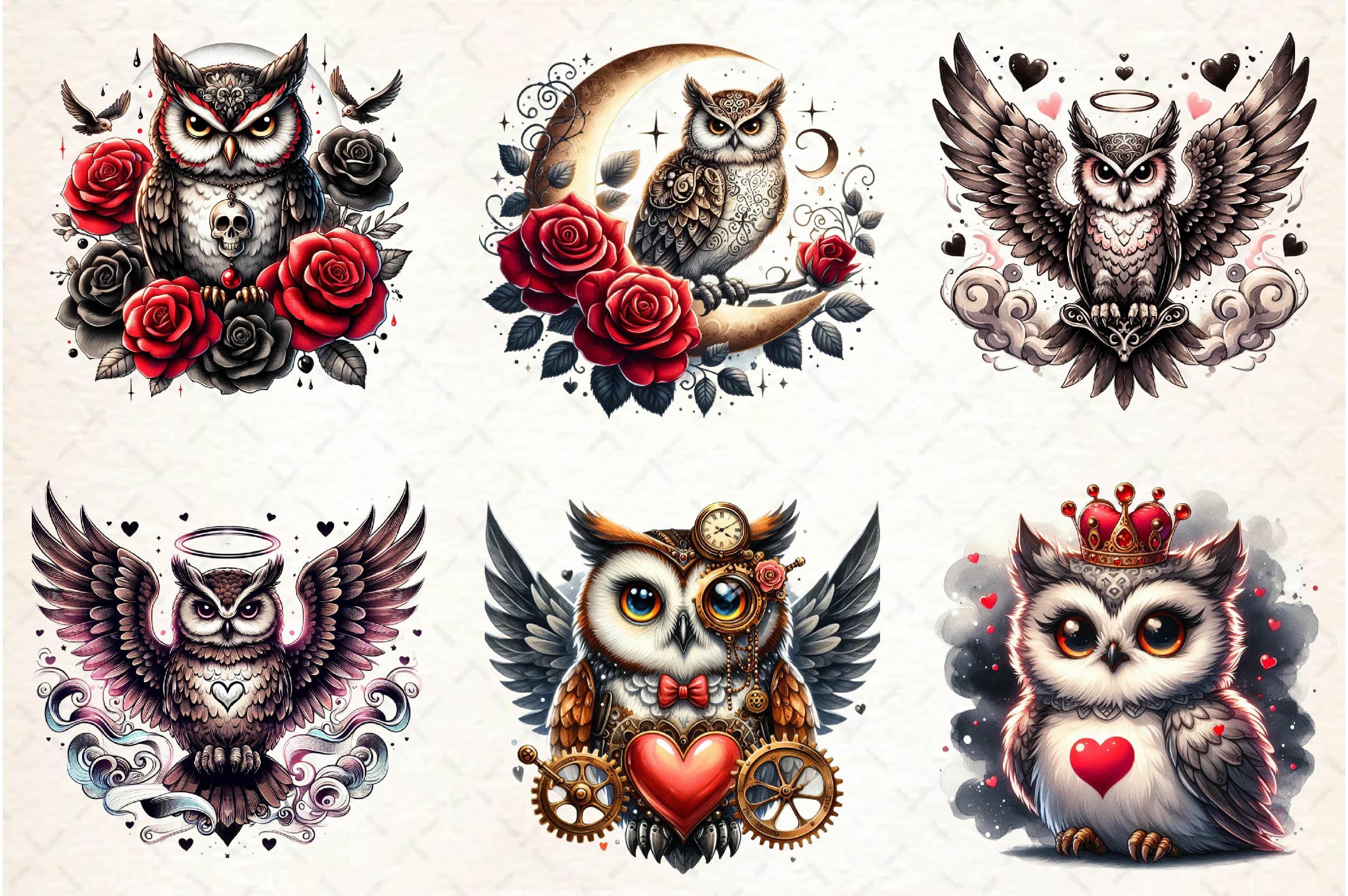 Valentine Gothic Owls Clipart Bundle 2