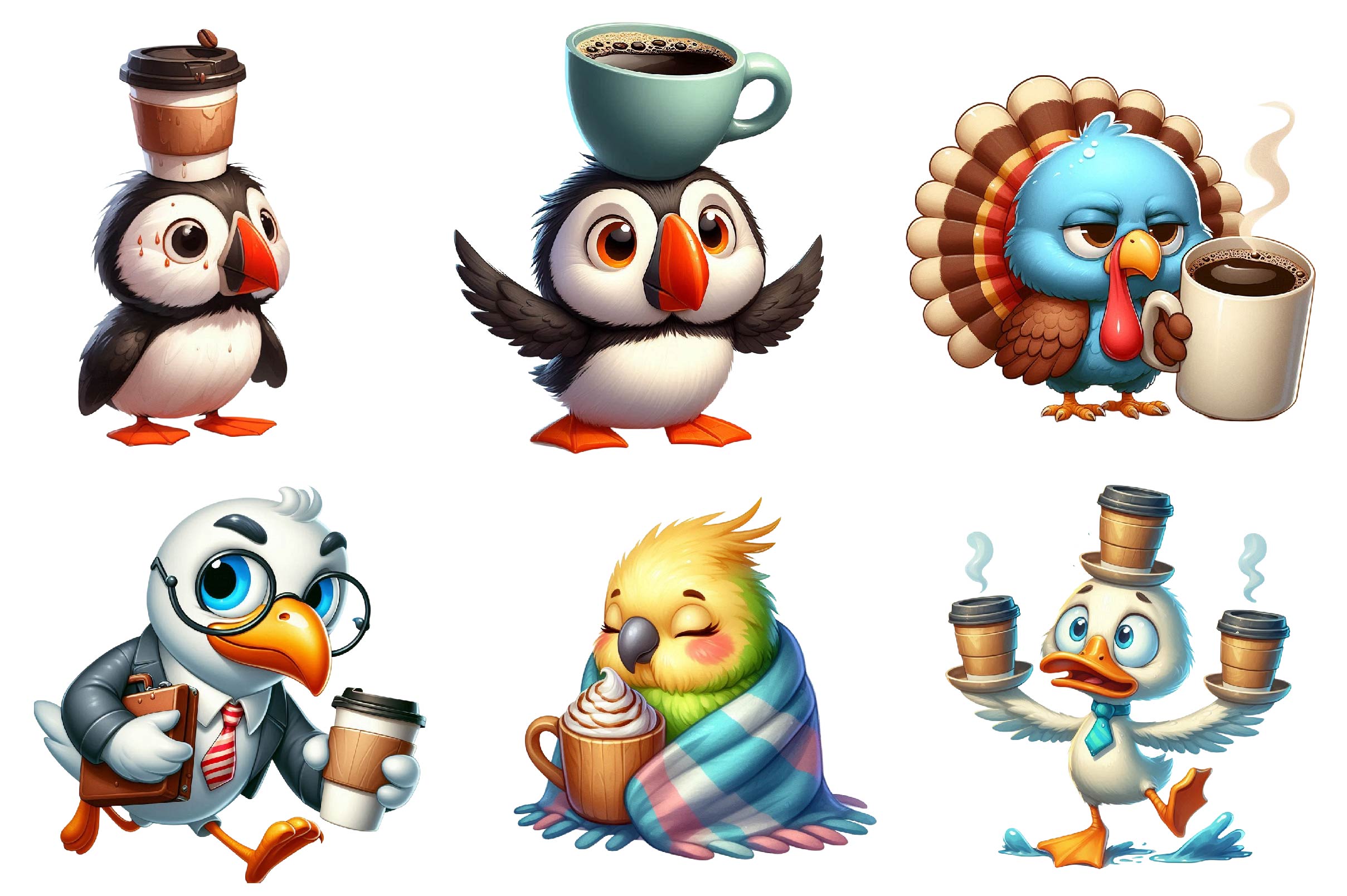 Funny Cartoon Caffeinated Quirky Bird Clipart Bundle